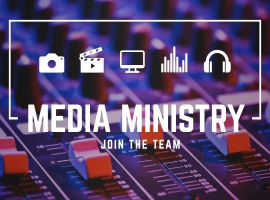 Overlay of media icons (camera, film, monitor, audio levels, headphones) on a sound mixing console with the text 'Media Ministry Join the Team'.