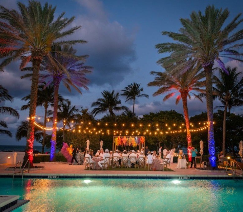 Temporary Tropics offers full-service event management services in Florida. This is a corporate dinner for a financnial institution held at the Bal Harbour Ritz Carlton. It is an ocean-side, intitimate dinner between large palm trees and under lights