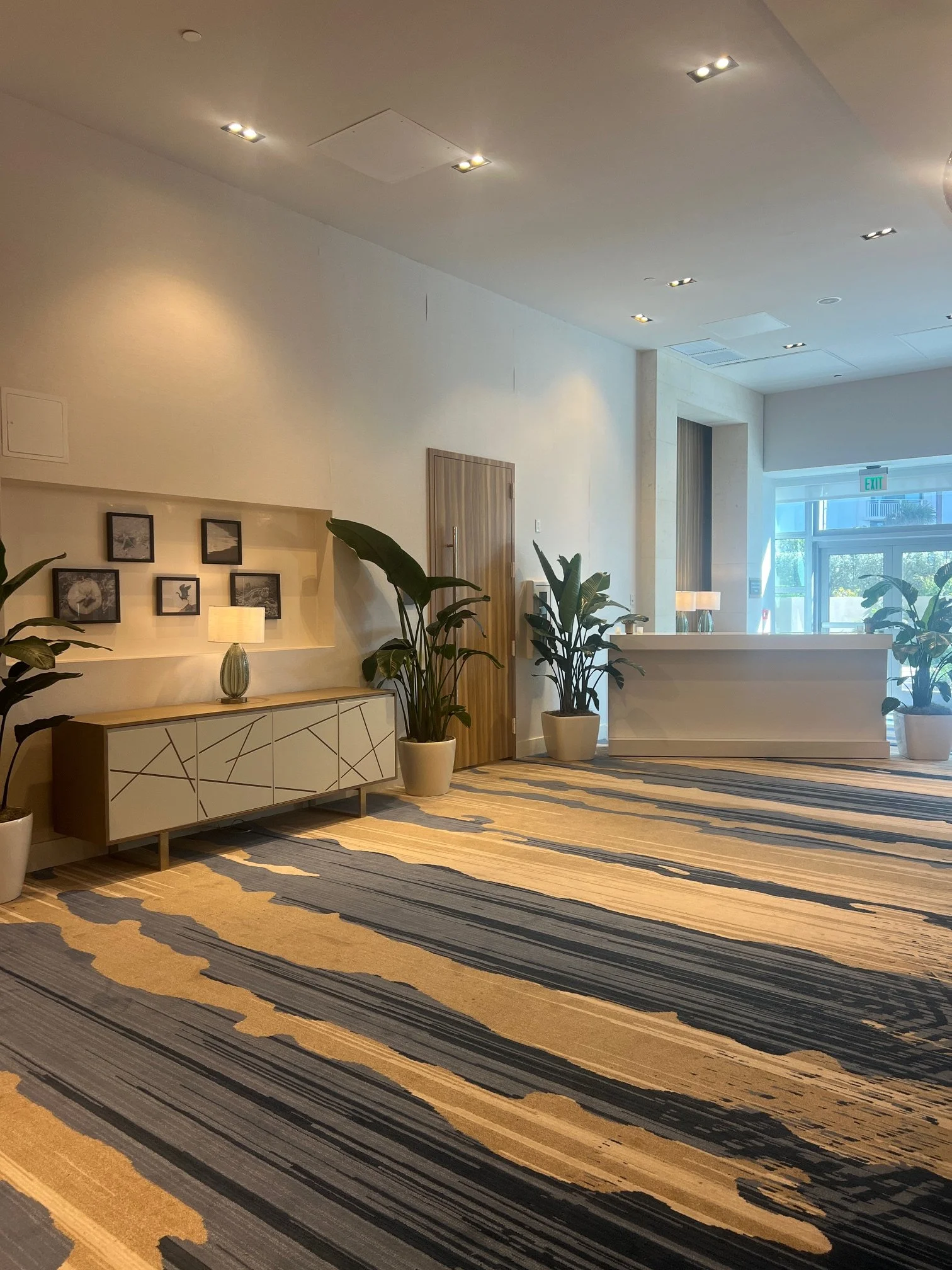 A hotel lobby with a patterned carpet, sideboard with photo frames and lamps, and large potted plants near the reception area.