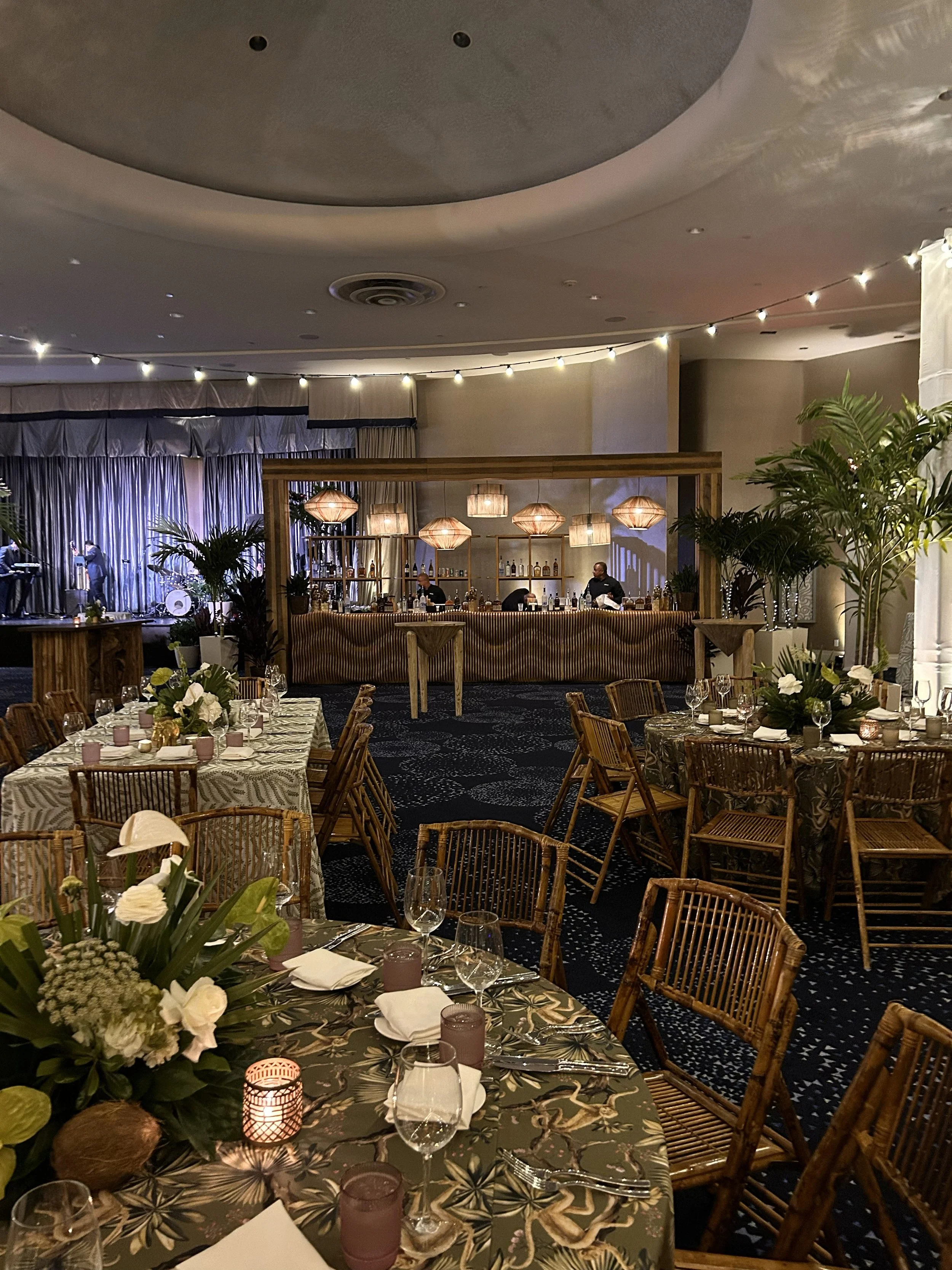 Temporary Tropics sets up a last-minute White Lotus themed event at the Fontainebleau Miami Beach Hotel with their live foliage rentals in a ballroom for a Corporate Event.