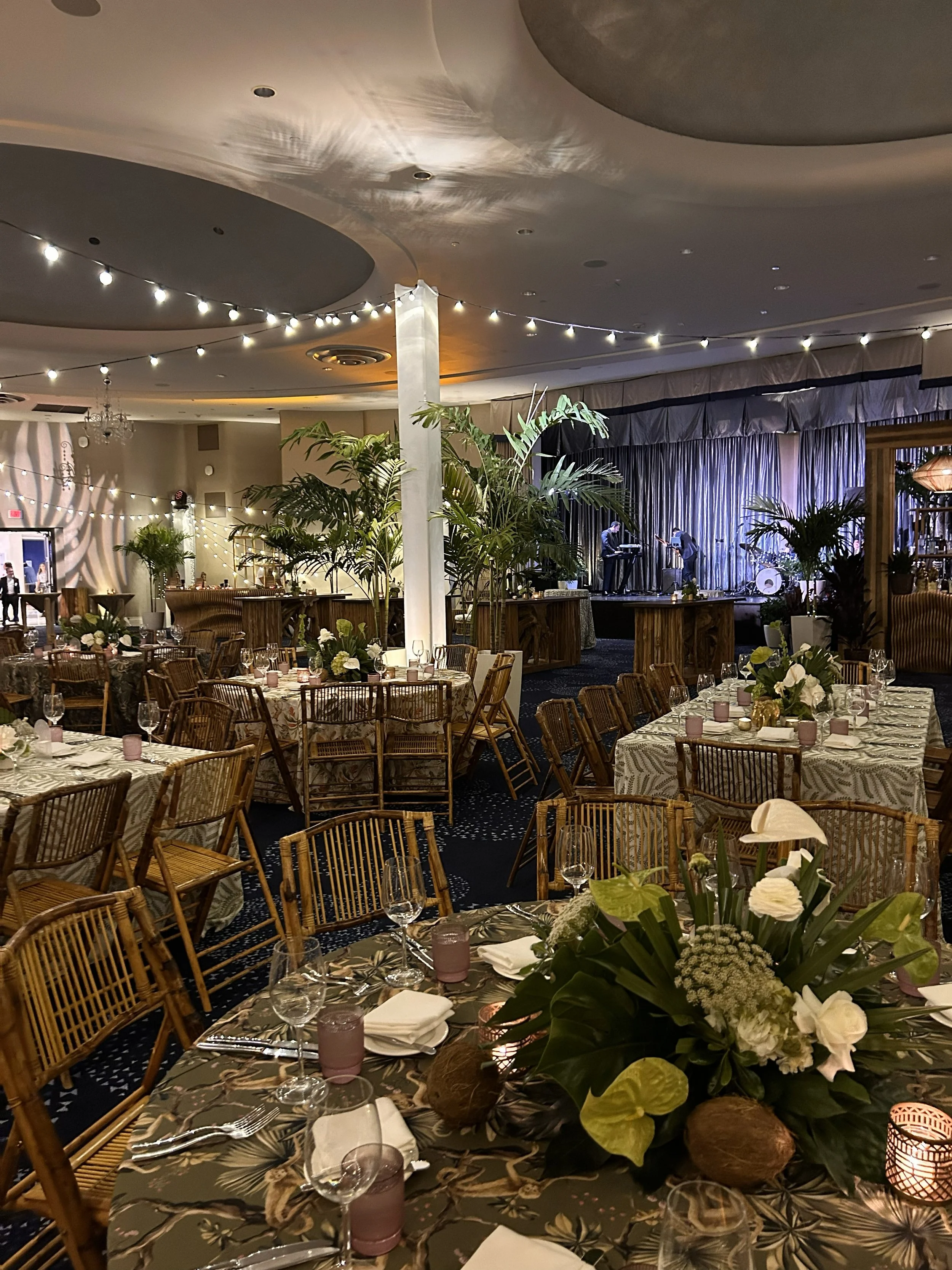 Temporary Tropics sets up a last-minute White Lotus themed event at the Fontainebleau Miami Beach Hotel with their live foliage rentals in a ballroom for a Corporate Event.