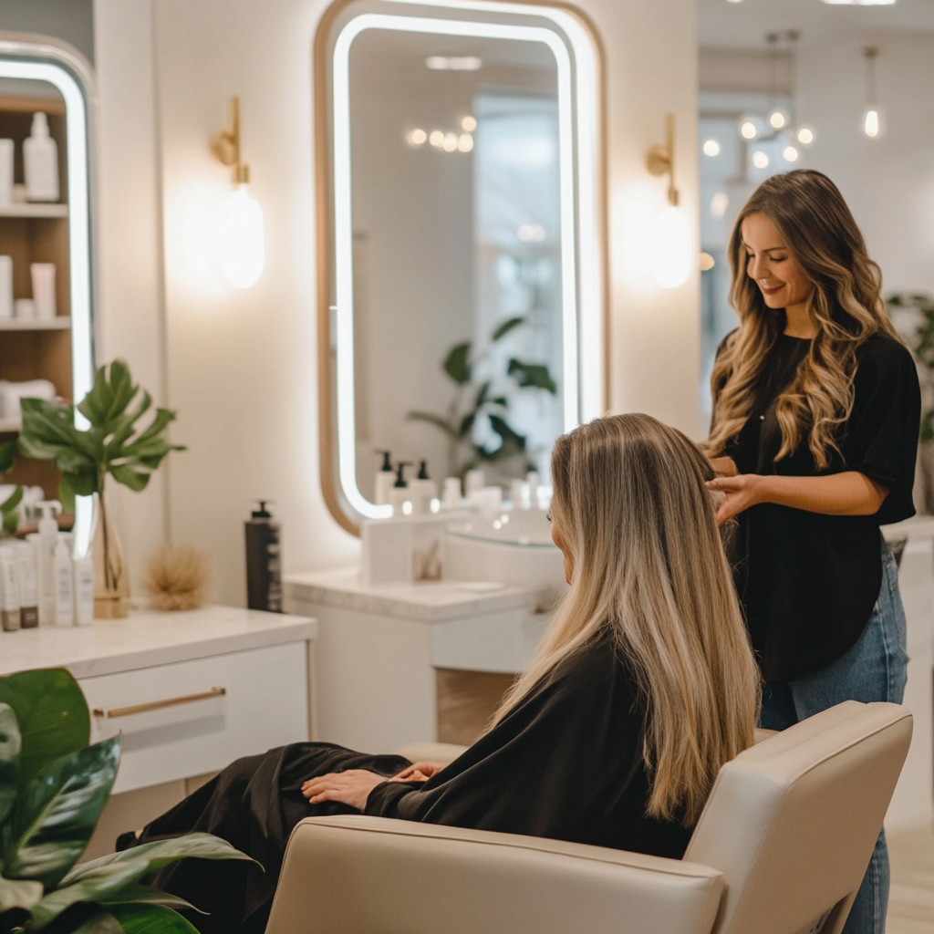 A woman gets her hair styled at a salon while seated in a cream-colored chair, with a hairstylist standing beside her. The salon has warm lighting, mirrors, and shelves with hair products and decorative plants.