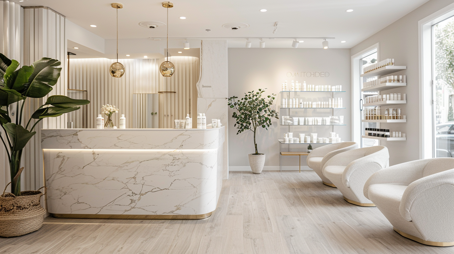 Interior of a modern spa or skincare clinic with a marble reception desk, white chairs, and shelves of skincare products.