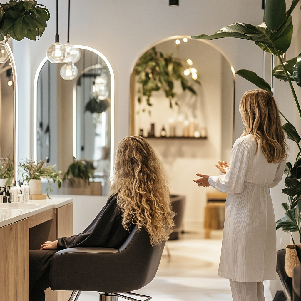 A woman with long curly hair sitting in a salon chair while a stylist stands nearby in a modern, well-lit salon with large mirrors, hanging lights, plants, and salon products.