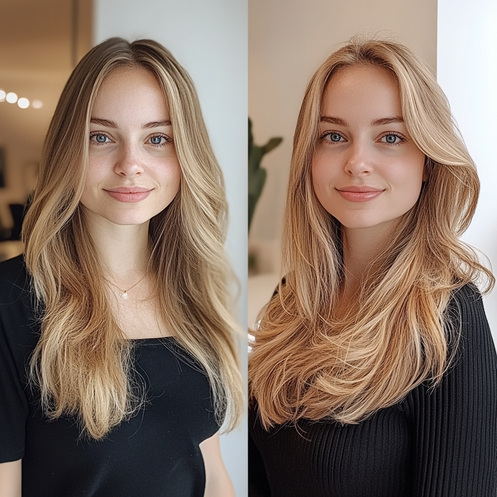 Side-by-side comparison of a young woman with blonde hair before and after a hair transformation. In both images, she is smiling and wearing a black top.