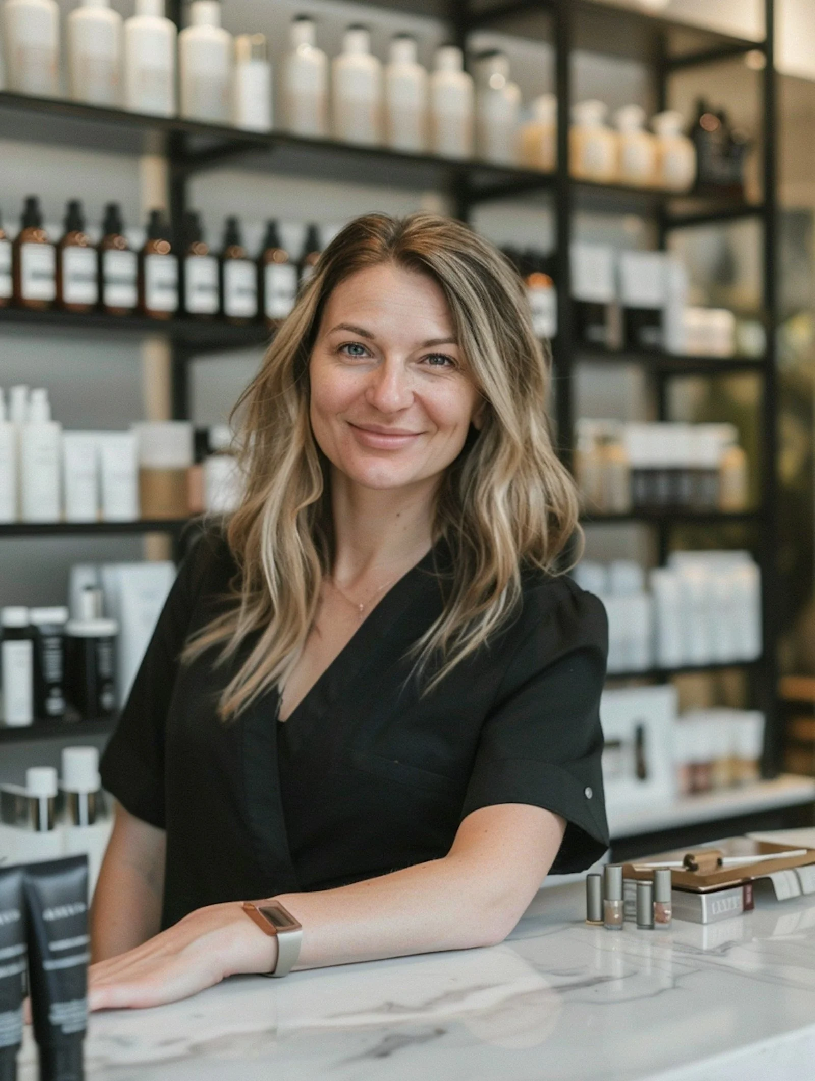 A woman with wavy blonde hair smiling at the camera, sitting behind a white marble counter in a store or skincare shop with shelves of bottles and jars in the background.