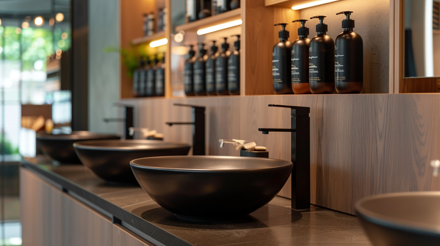 A modern bathroom or salon wash area with three black bowls and black faucet fixtures on a wooden counter, with shelves of soap or lotion bottles in the background.