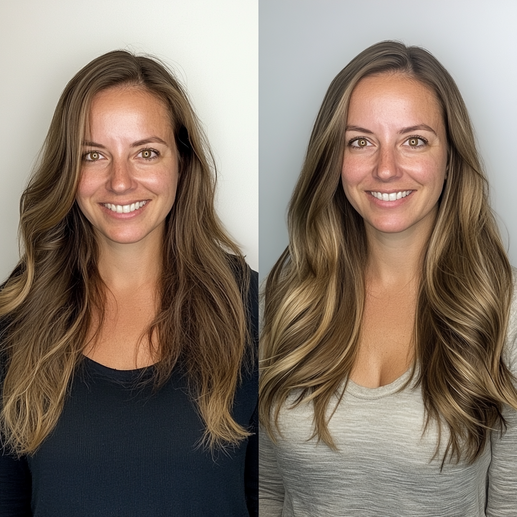 Side-by-side photos of a woman with long, wavy brown hair, smiling in both images. She is wearing a black top in the left photo and a light gray top in the right photo, against plain backgrounds.