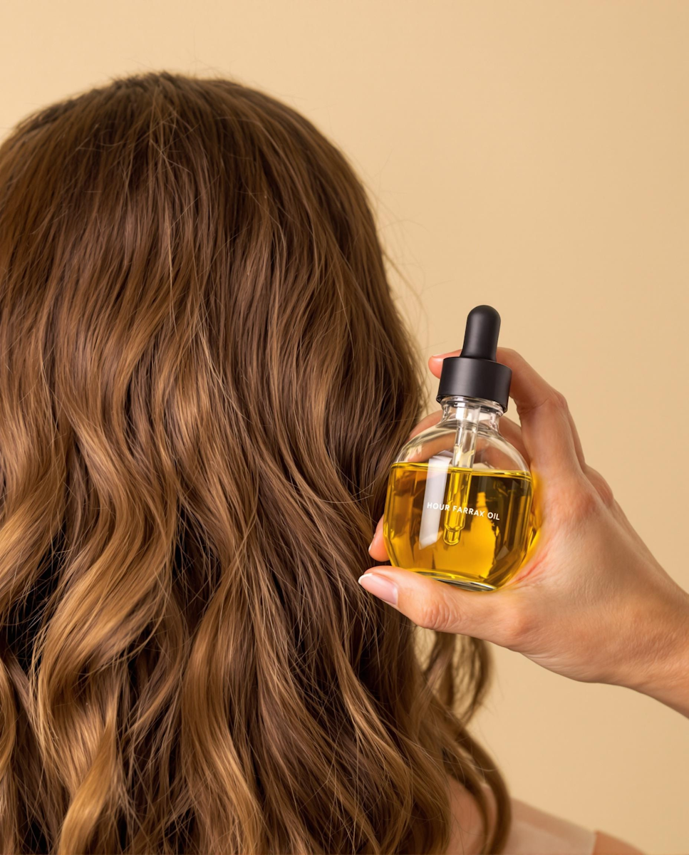 Person applying hair oil to long, wavy, light brown hair with a dropper bottle labeled 'HOUR FARAX OIL'