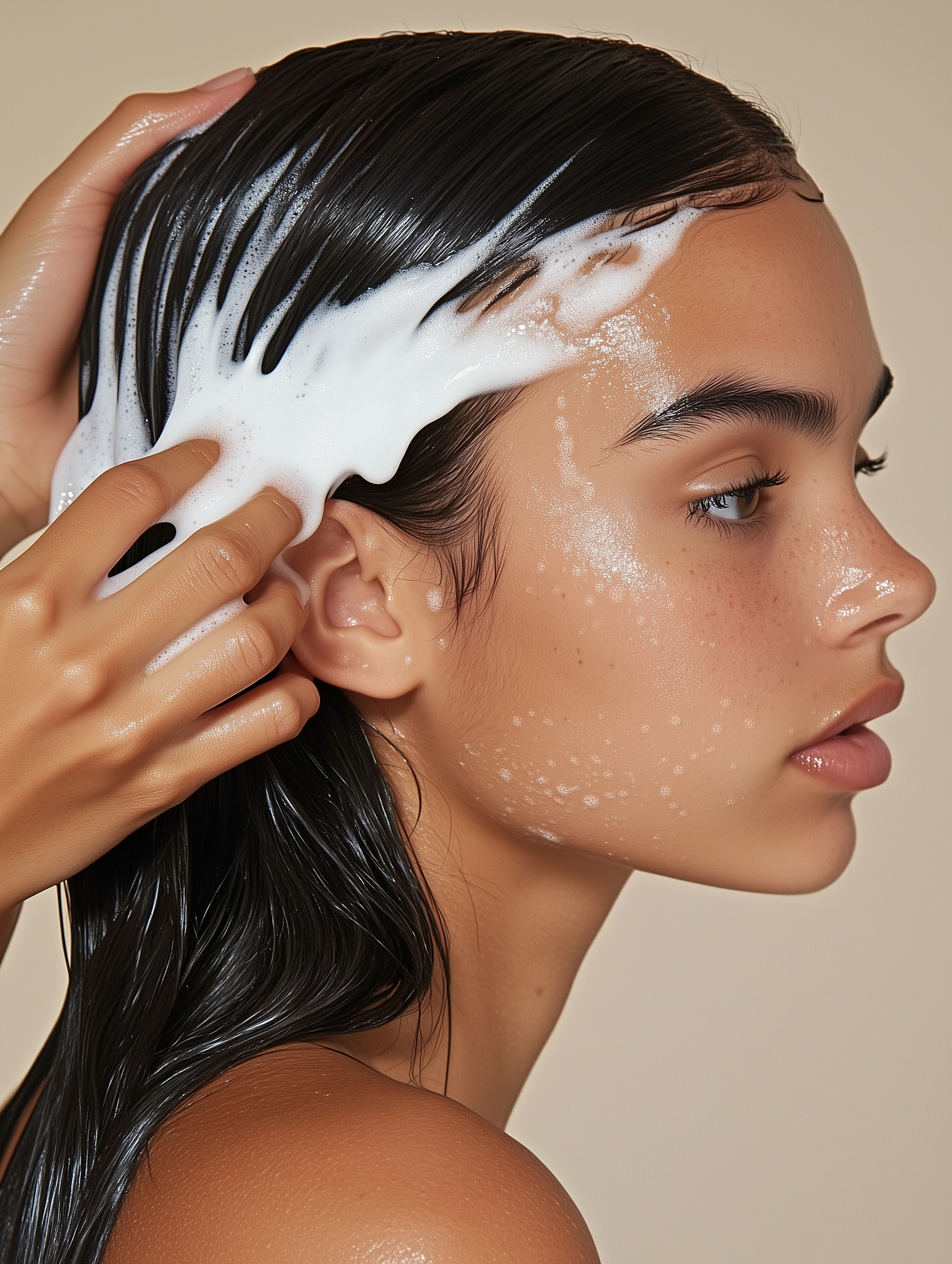 Close-up of a woman with wet, oily skin, applying shampoo to her hair with soap bubbles.