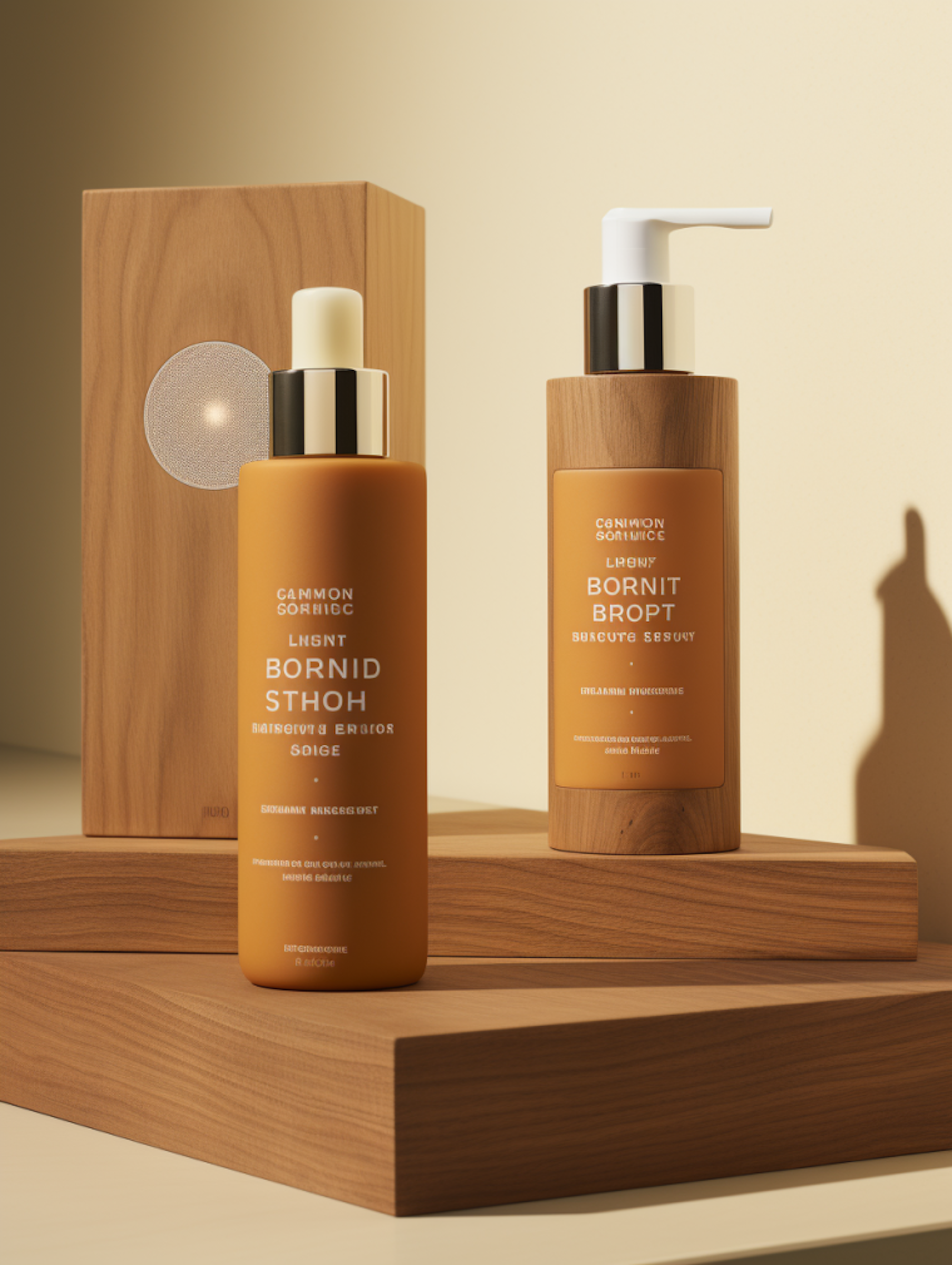 Two bottles of skincare products on wooden platforms with wooden packaging behind them, featuring minimalist labels, in warm lighting.