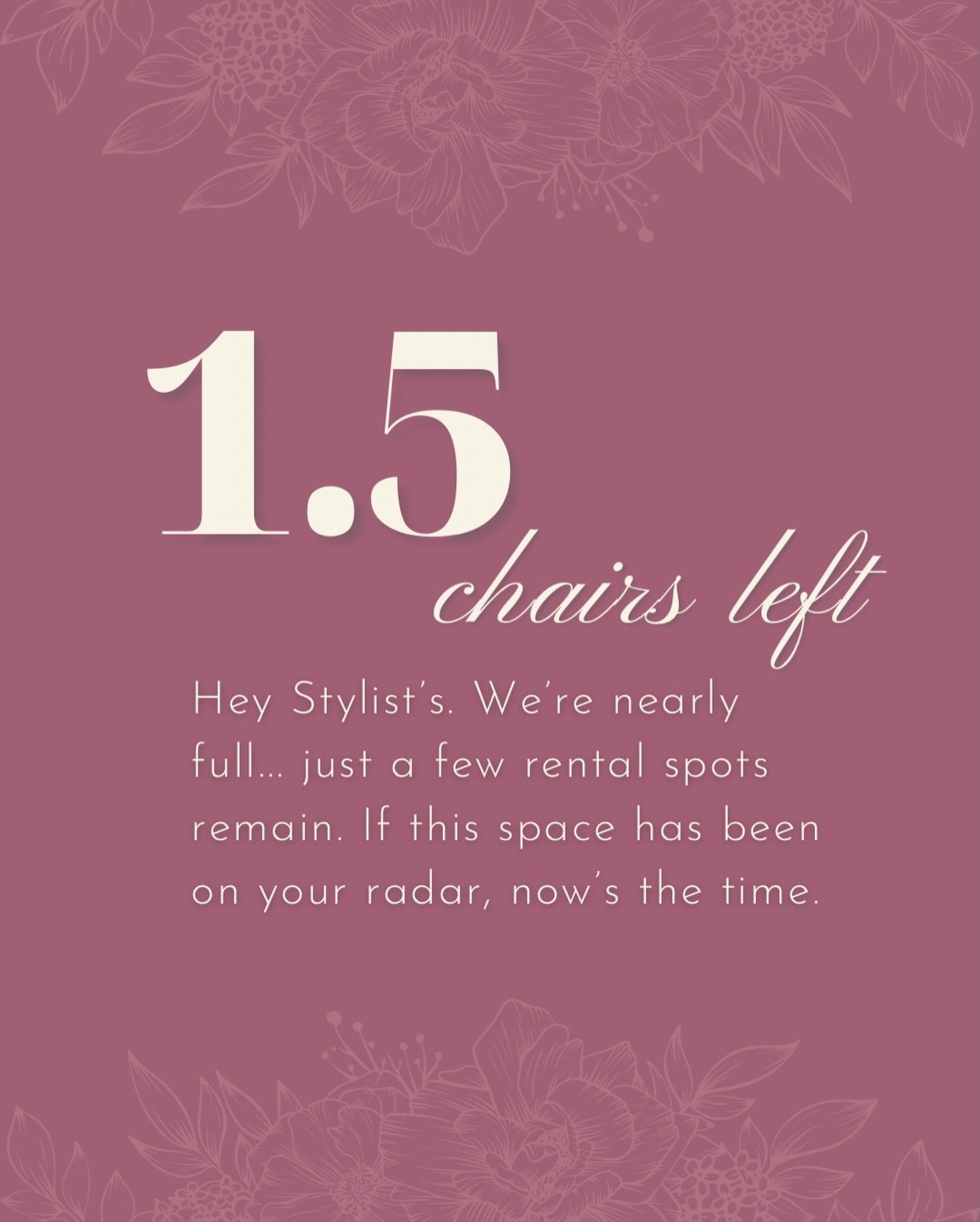 This space is filling quickly.

A handful of rental opportunities remain for stylists and beauty pros who value luxury, character, and community 💕

DM to learn more.