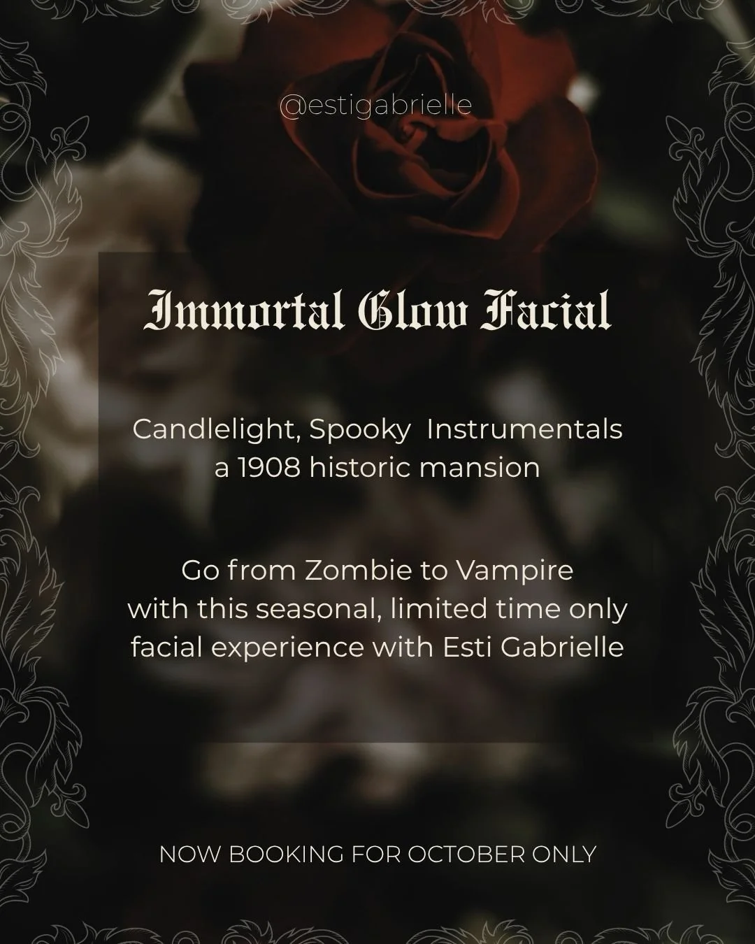 October at the mansion is getting a little&hellip; darker 🕯️🥀

Basically, come in looking dead tired. Leave looking suspiciously well hydrated 🖤

The Immortal Glow Facial with @estigabrielle is available for October only.

Book before it disappear