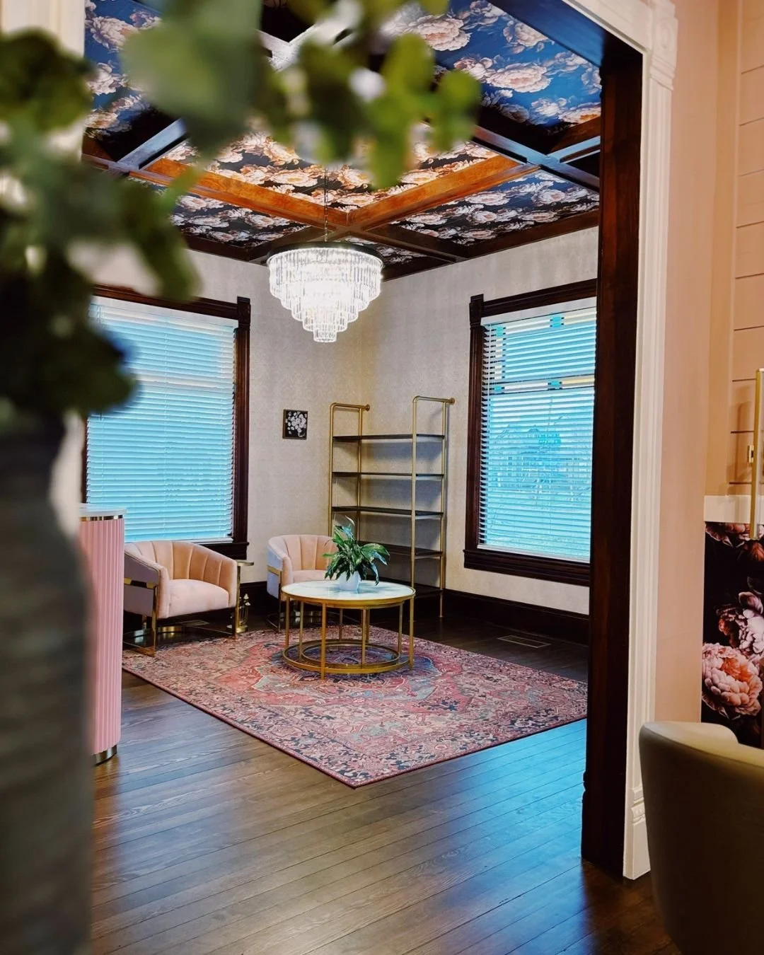 Cozy sitting area with two pink chairs, a round coffee table with a plant, a patterned rug, and large windows with blinds. The ceiling has decorative floral wallpaper and a chandelier.