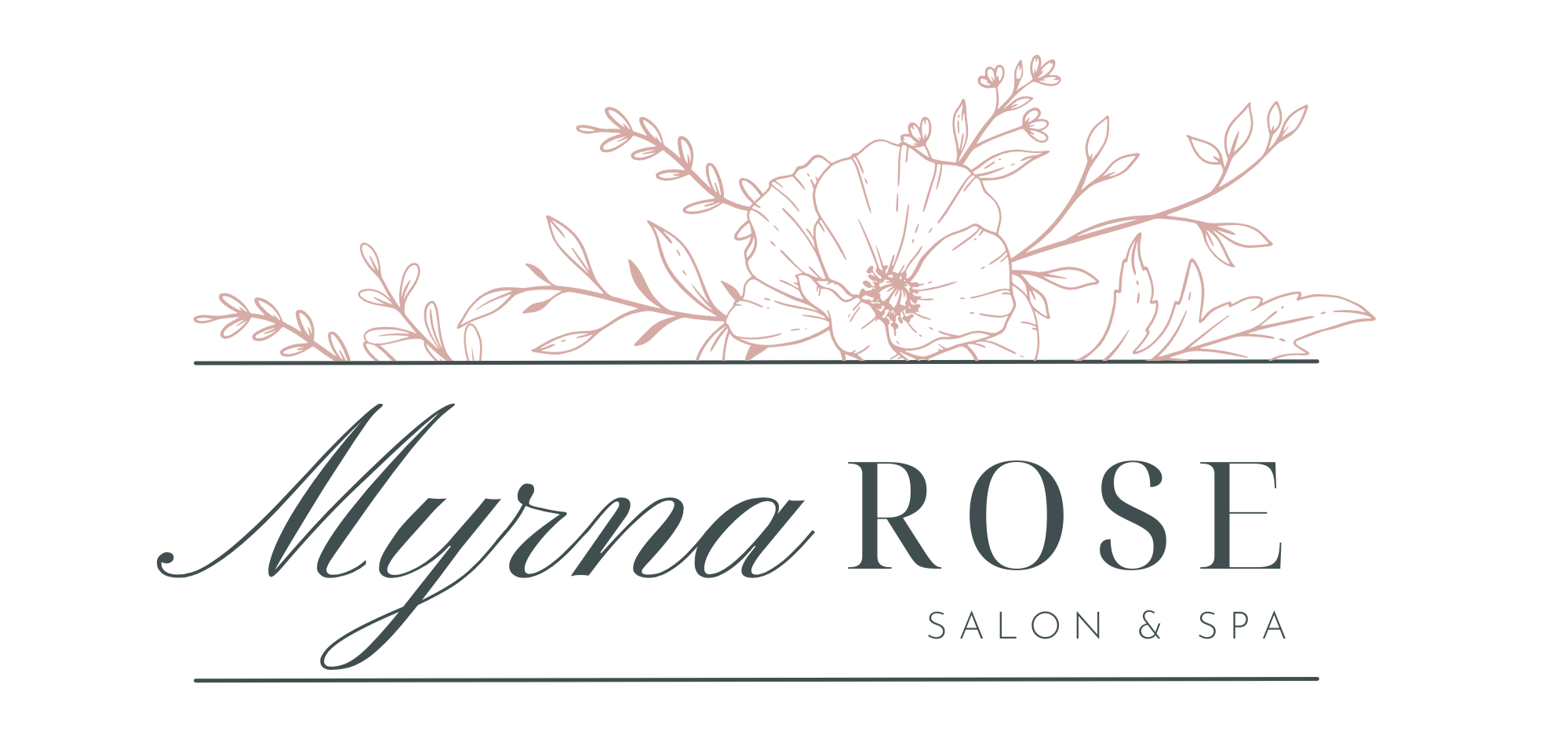 Logo for Myrna Rose Salon & Spa featuring a pink floral illustration above the salon name in elegant black and gray script and serif fonts on a black background.