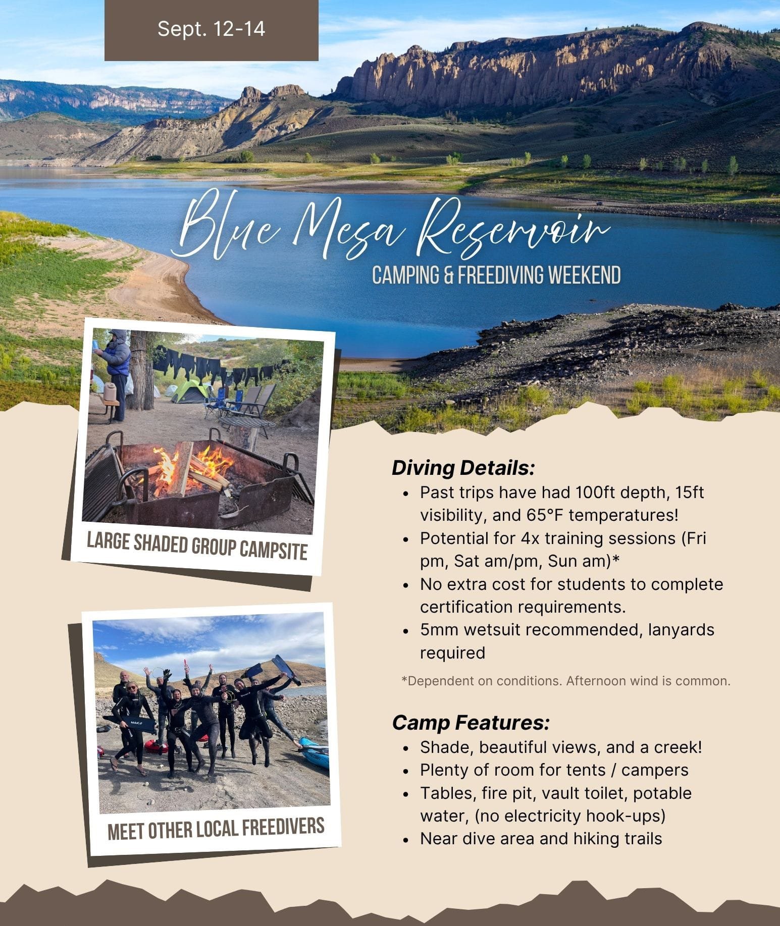 Flyer for Blue Mesa Reservoir camping and freediving weekend, September 12-14. Features photos of a campsite with a fire pit and group of people in wetsuits, and scenic view of the reservoir with mountains.