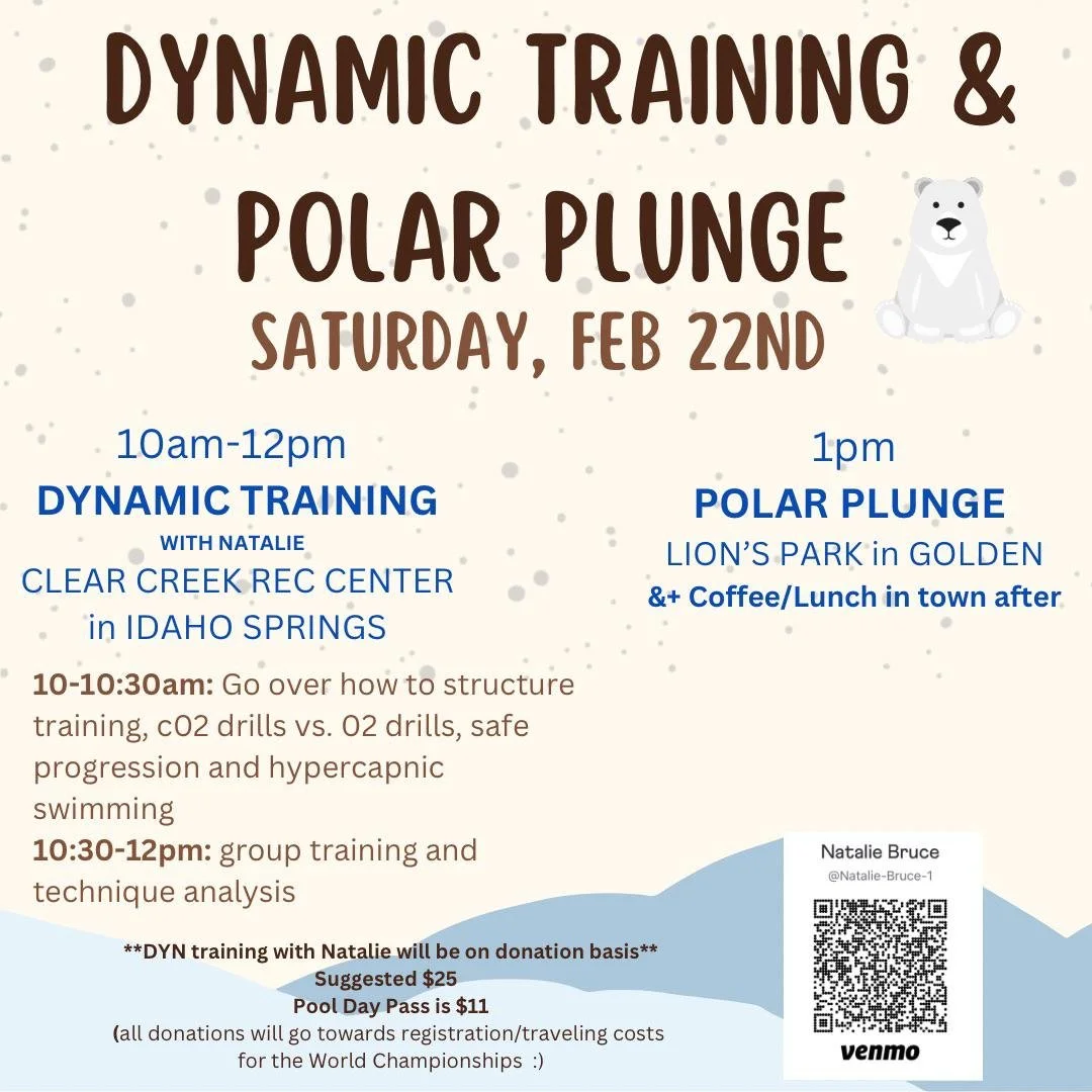 Event poster advertising a 'Dynamic Training & Polar Plunge' on Saturday, February 22nd, with details about training sessions at 10 am-12 pm and a polar plunge at 1 pm in Idaho Springs, featuring a cartoon polar bear, QR code, and donation info.