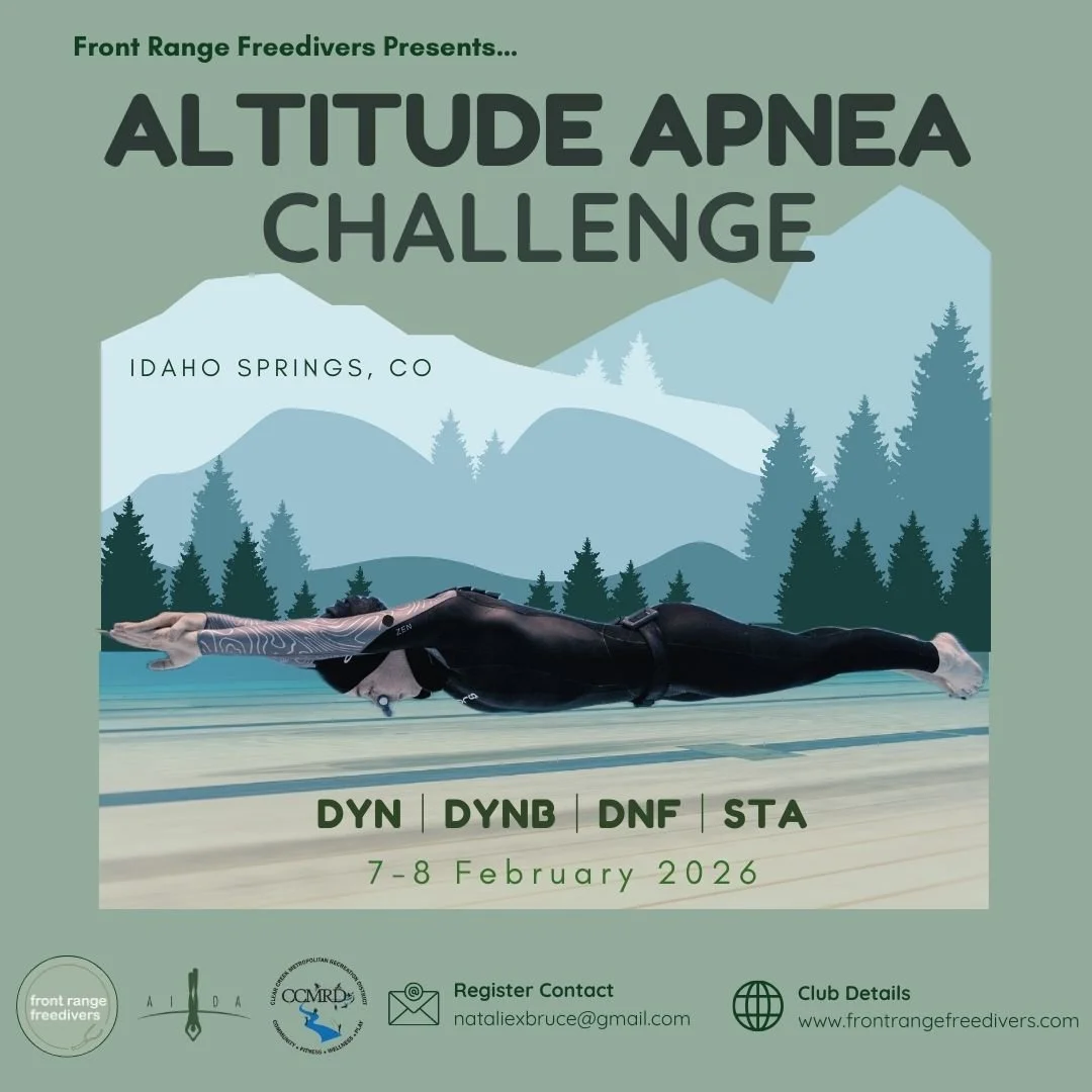 Poster for the Altitude Apnea Challenge event in Idaho Springs, Colorado on February 7-8, 2026. The poster features an illustration of mountains and trees in the background and a person in a wetsuit performing a static apnea pool exercise in the fore