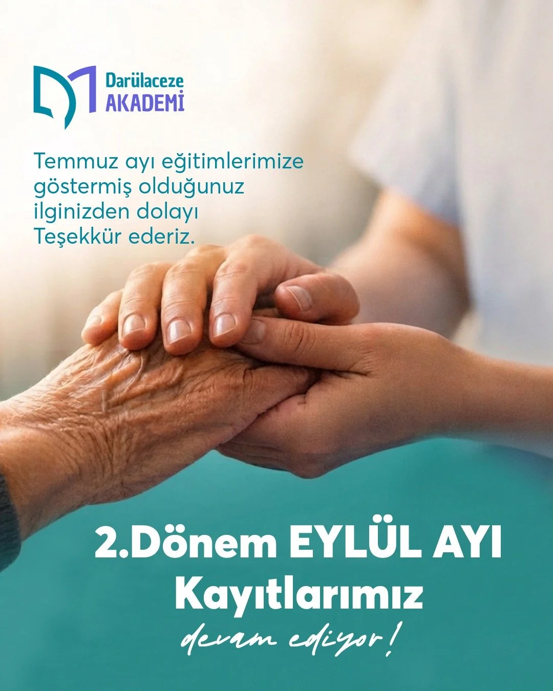 🎓 Hasta ve yaşlı bakım alanında nitelikli eğitim almak isteyen katılımcılarımız i&ccedil;in Eyl&uuml;l ayı 2. d&ouml;nem kayıtlarımız devam ediyor.

Temmuz ayındaki eğitimlerimize g&ouml;sterdiğiniz g&uuml;ven ve ilgi i&ccedil;in teşekk&uuml;r eder,