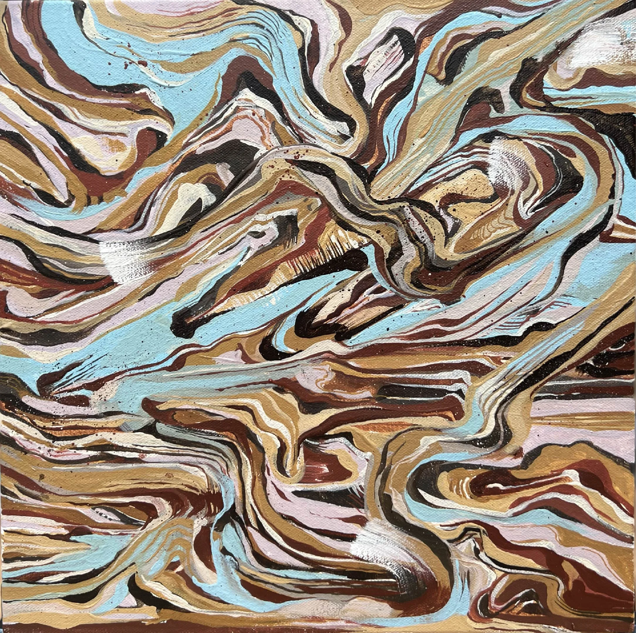 Abstract painting with swirling lines and colors including blue, brown, black, white, and pink.
