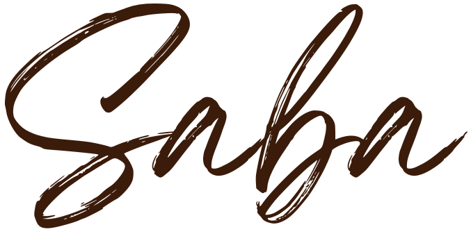 Close-up of the word "Saba" written in elegant, cursive brown script.