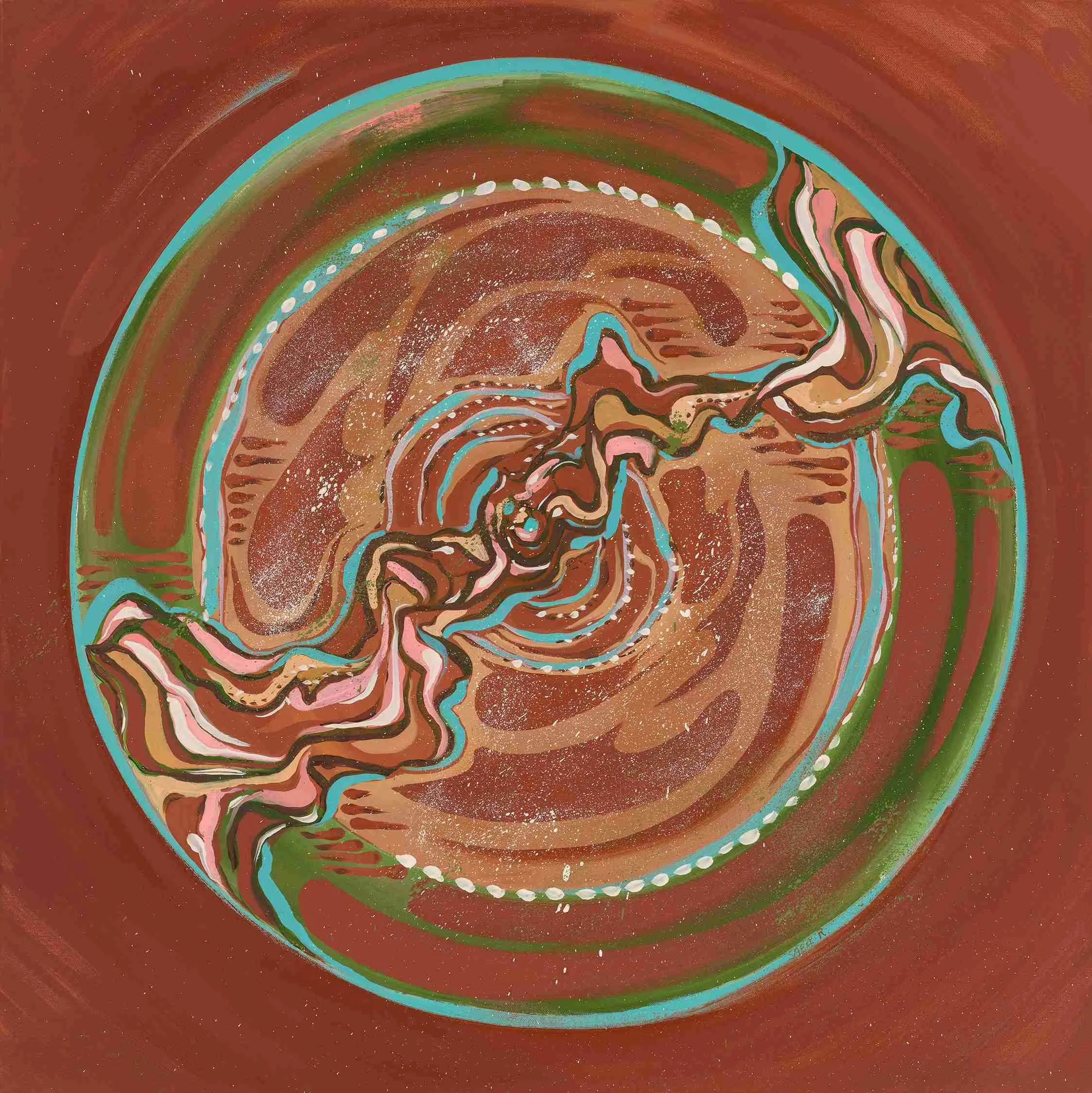 Abstract painting with swirling patterns and vibrant colors, including brown, pink, green, blue, and white, creating a dynamic circular design.