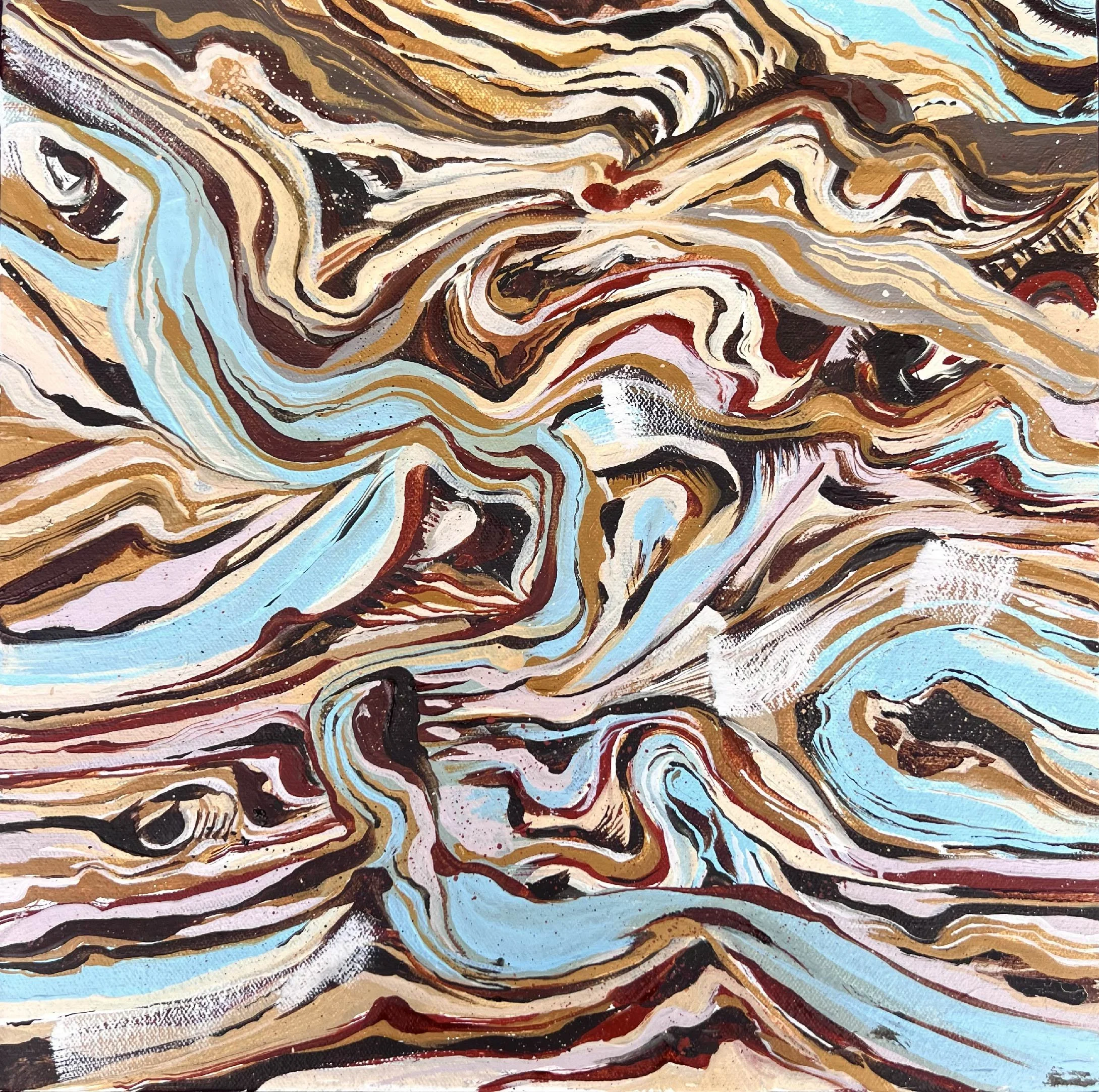 Abstract painting with swirling patterns in shades of brown, black, cream, pink, red, and light blue.
