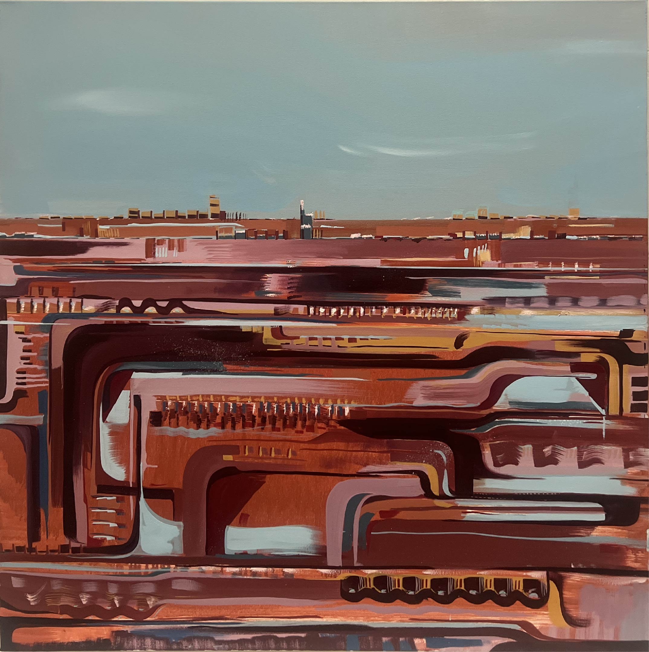 Abstract painting of a city skyline with horizontal and curved lines in warm earth tones and a pale blue sky.