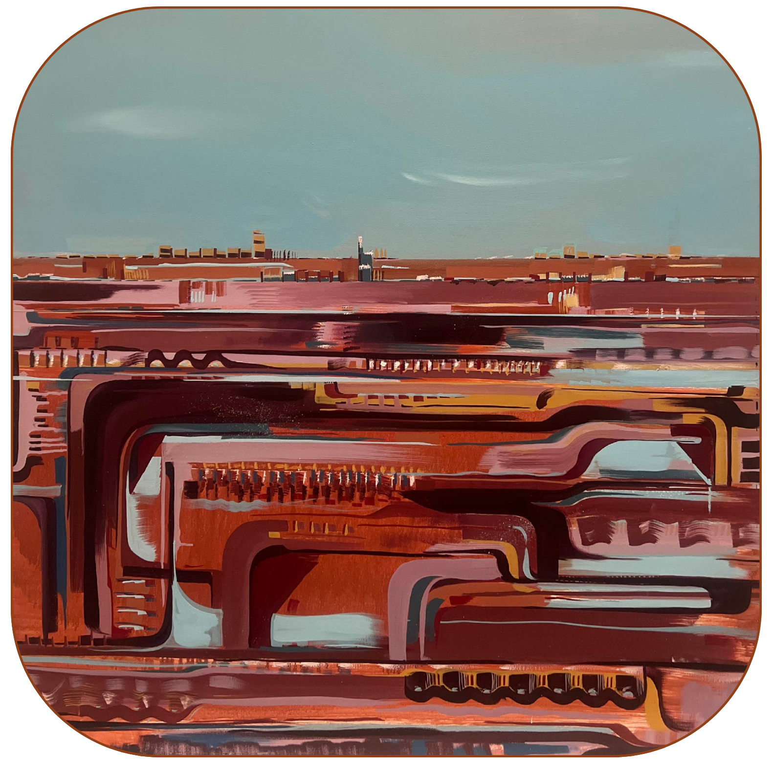 Abstract painting with horizontal lines and geometric shapes in shades of red, brown, pink, and black, depicting a city skyline in the background with a blue sky.