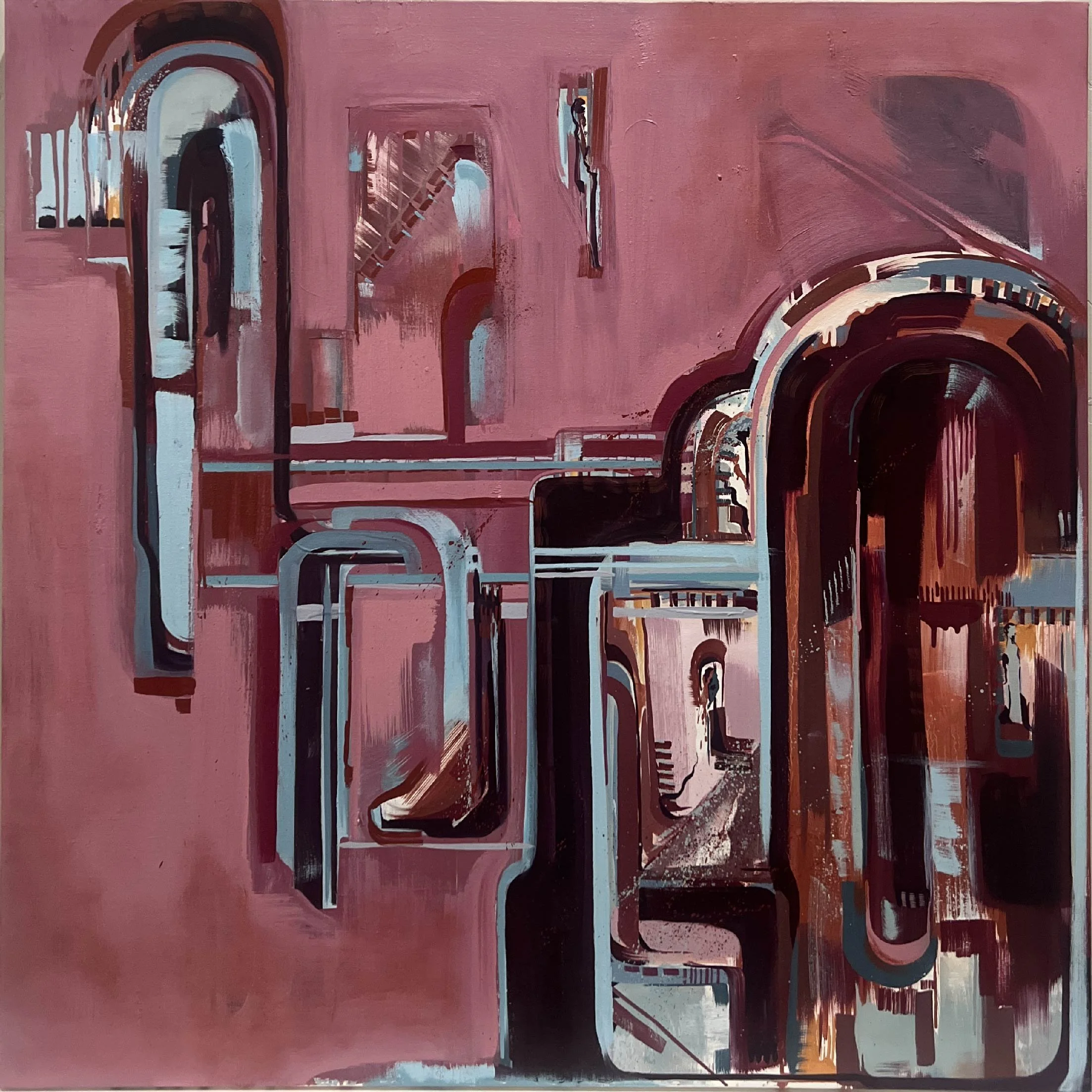 An abstract painting featuring geometric shapes and arches in shades of pink, red, black, white, and blue.