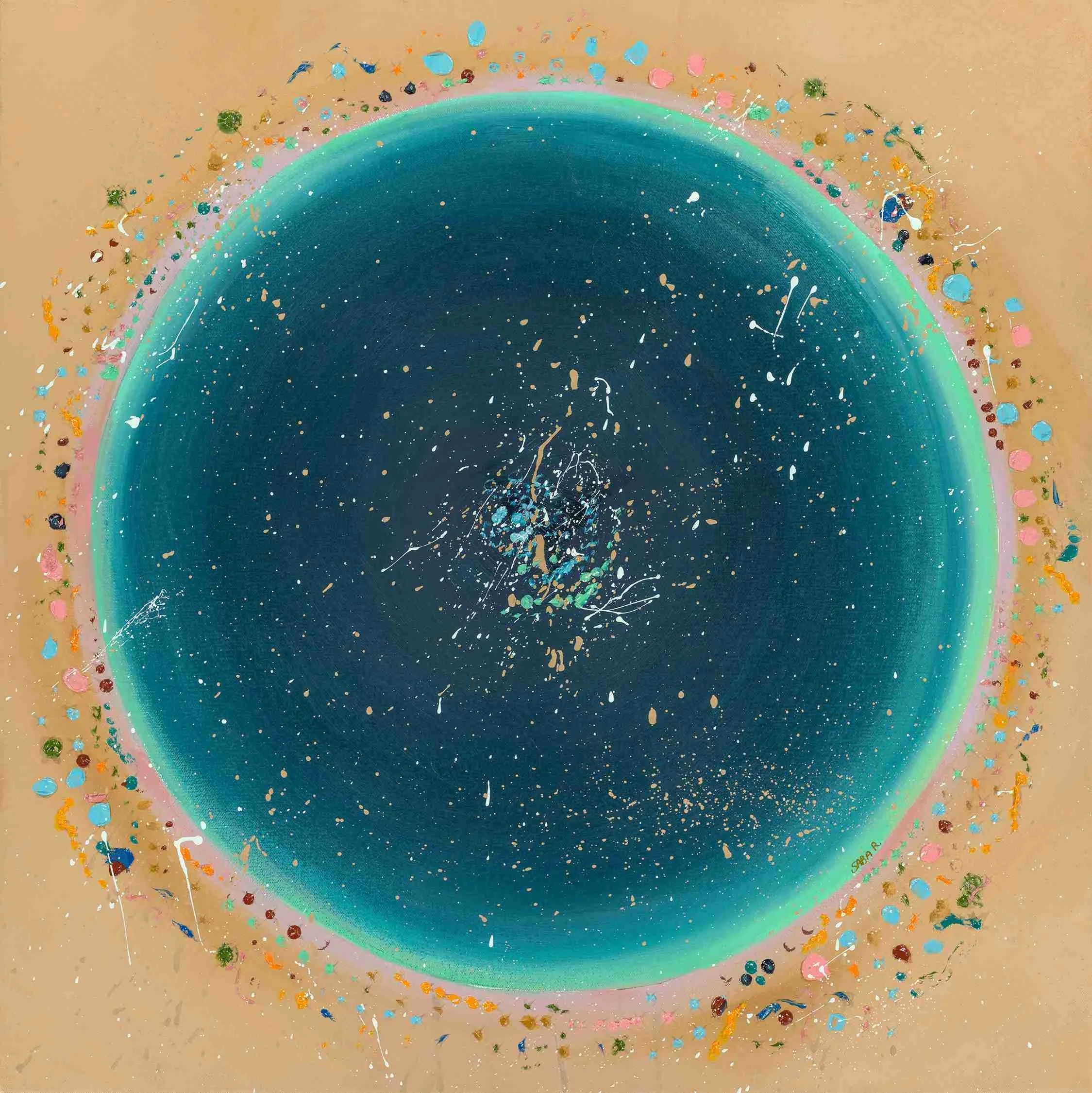 Abstract artwork with a large blue circle centered on a tan background, surrounded by colorful splashes of paint and small dots in various colors.