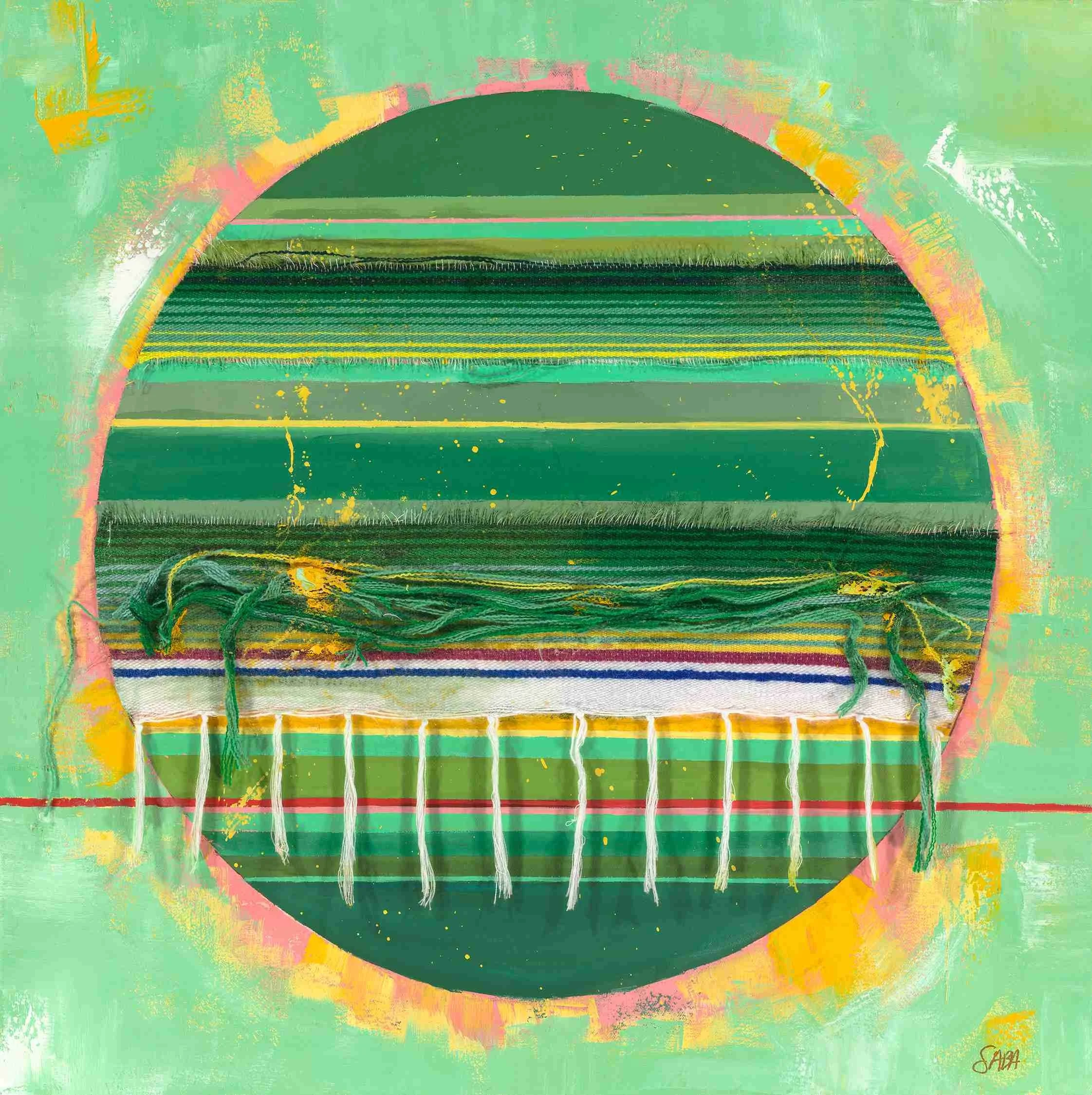 Abstract artwork with a large circular shape in the center, featuring various horizontal striped patterns in shades of green, yellow, pink, and white, set against a textured pastel green background with yellow and pink splashes.