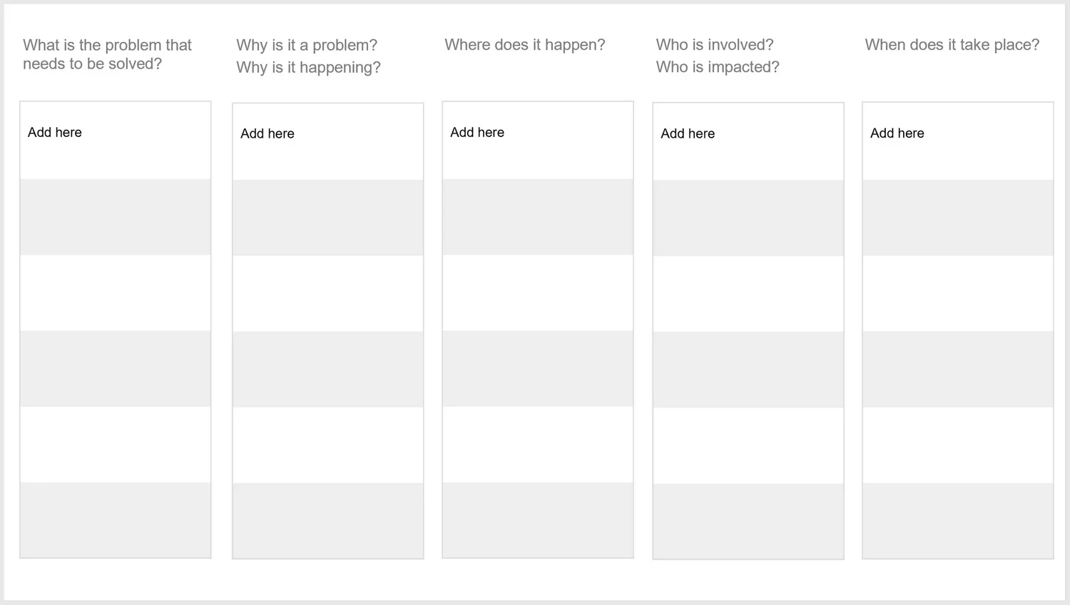 A blank template for Five Whys, with columns labeled for identifying problems, causes, locations, people involved, impacted parties, and timing, with editable sections to add details under each category.