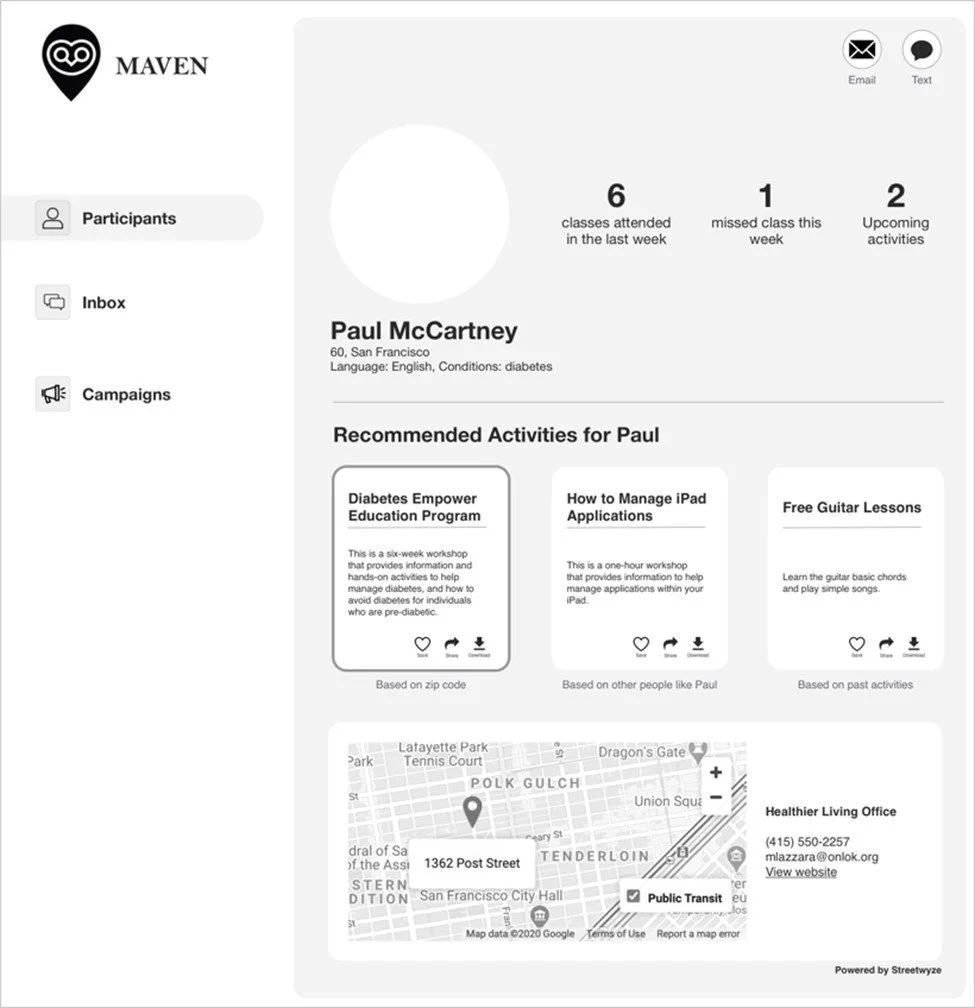 Dashboard interface of the Maven app showing participant profile with recent activity recommendations and a map location.