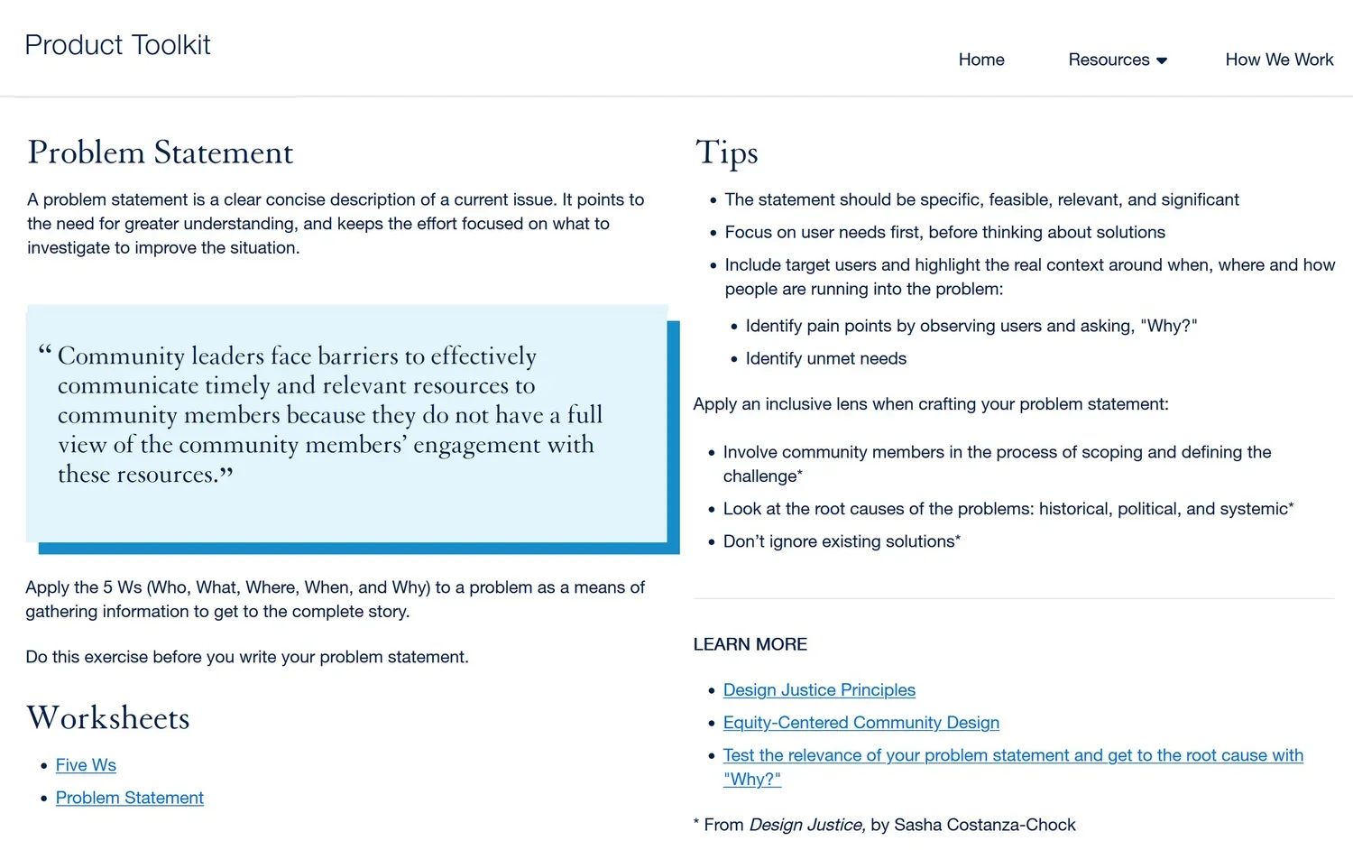 Screenshot of a webpage titled 'Product Toolkit' with sections on 'Problem Statement' and 'Tips' for crafting problem statements, including tips such as being specific and involving community members, and references to related worksheets and resources.