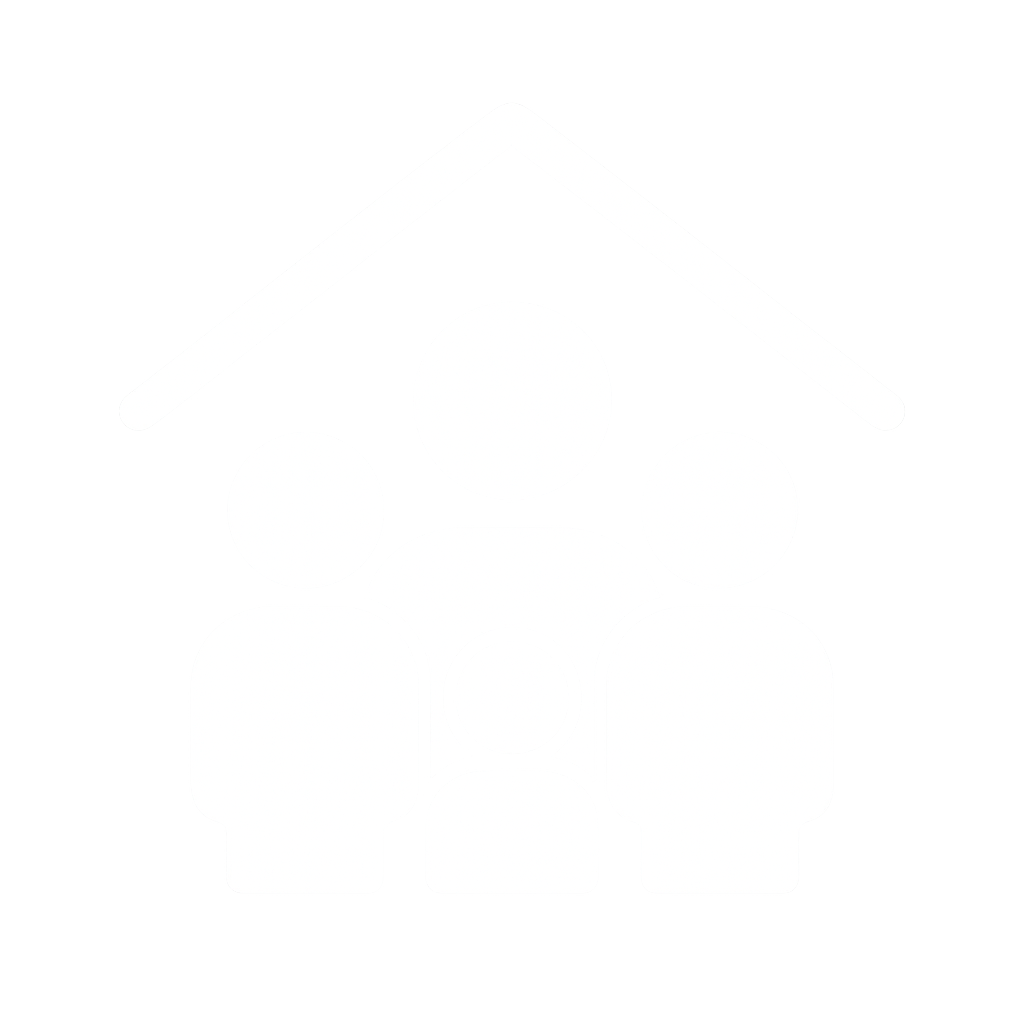 Icon representing a family with two adults and three children under a roof.