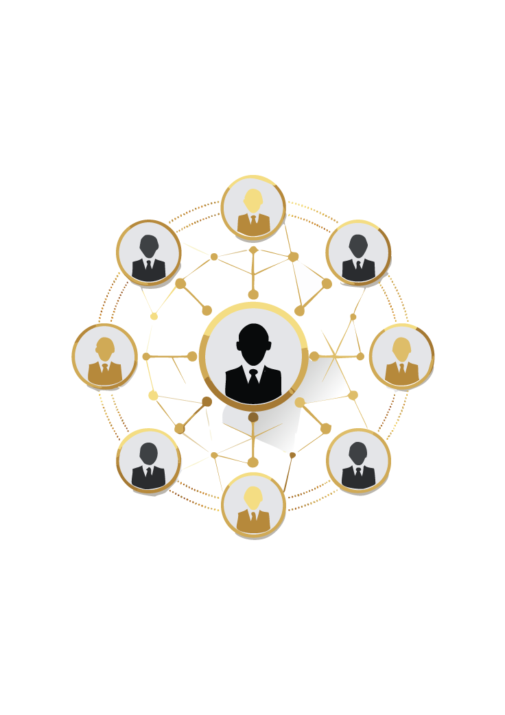 Illustration of a network of connected business professionals, with a central figure and surrounding nodes representing a team or community.
