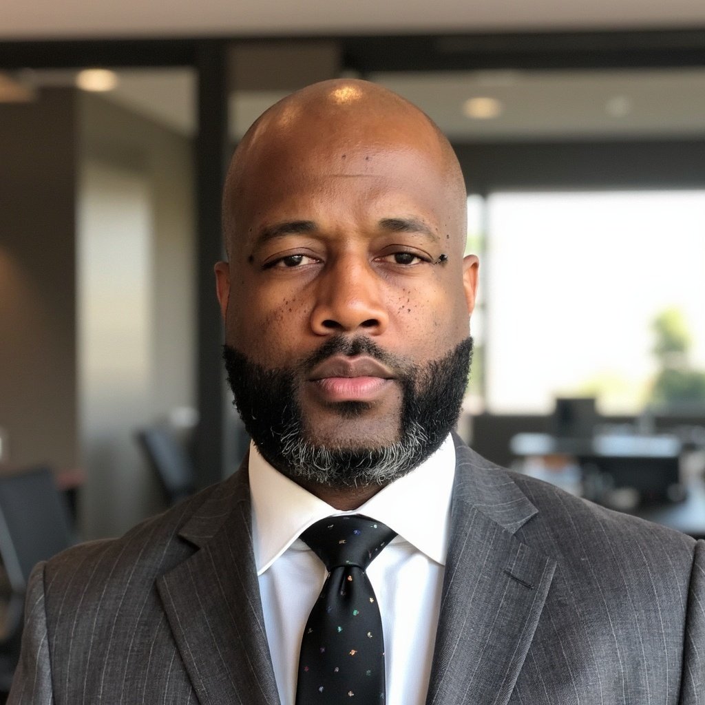 A bald man with a beard wearing a dark gray suit, white shirt, and black tie with colorful dots, standing in an office environment.