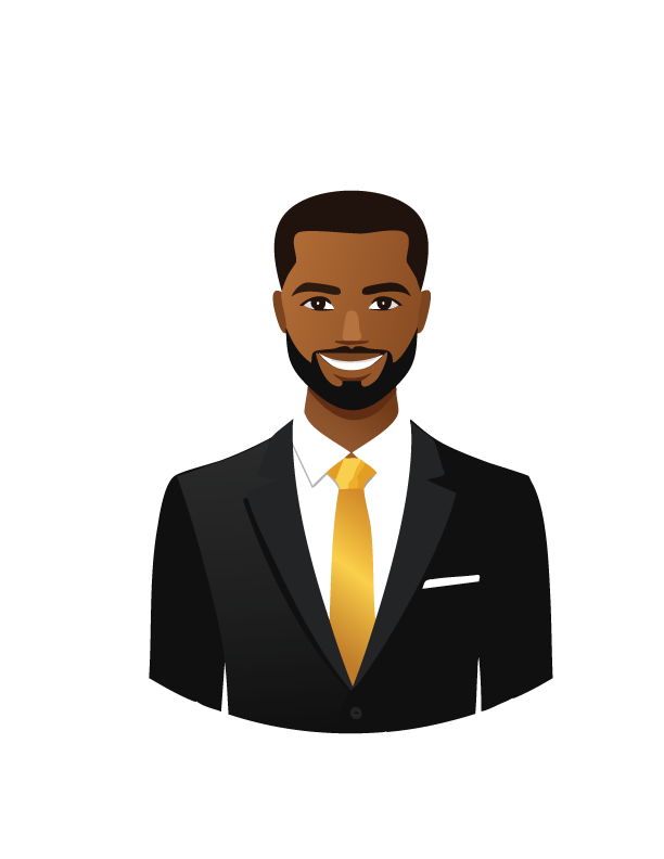 Vector illustration of a smiling man in a black suit with a yellow tie standing in front of a black background.