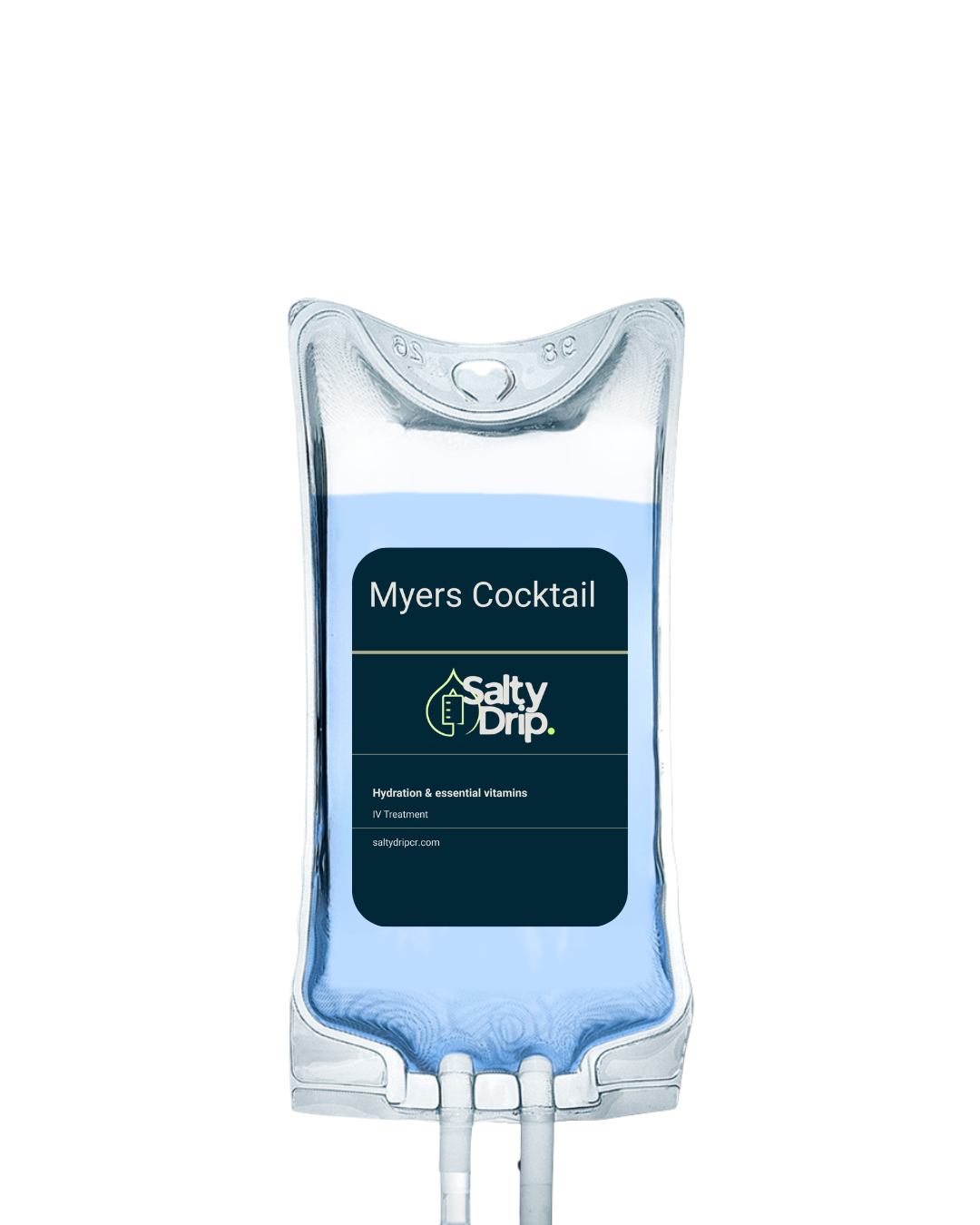 A medical IV bag labeled 'Myers Cocktail' containing a blue solution, branded 'Salty Drip,' used for hydration and essential vitamins.