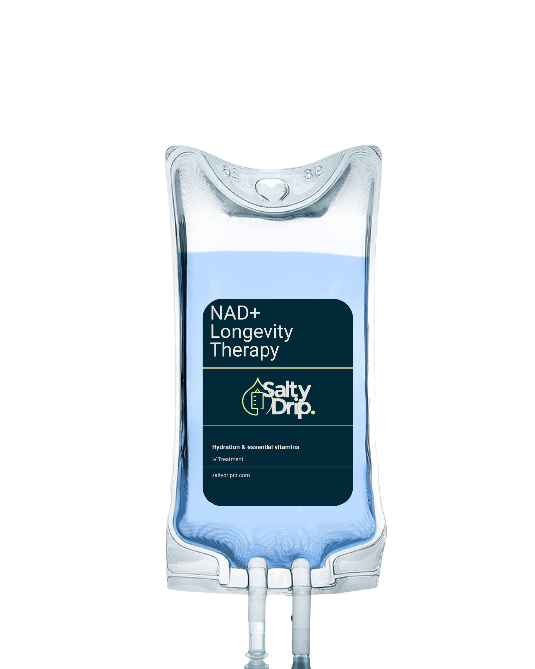 IV bag labeled 'NAD+ Longevity Therapy' from Salty Drip, containing hydration and essential vitamins.