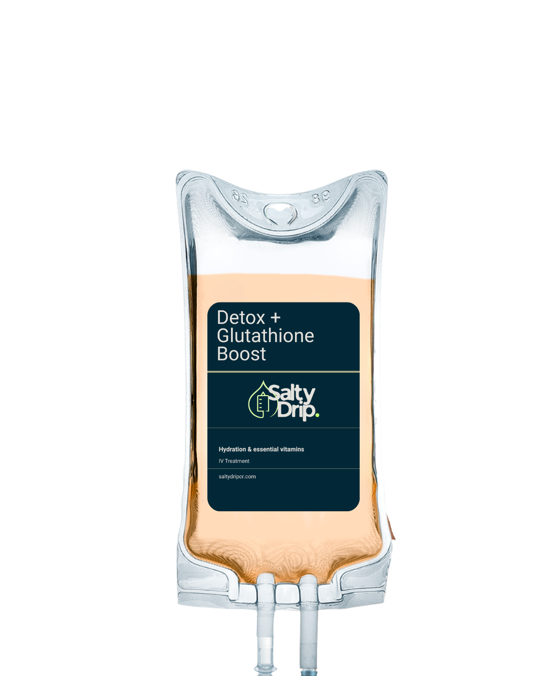 A saline IV bag labeled 'Detox + Glutathione Boost' from Salty Drip, used for hydration and essential vitamins