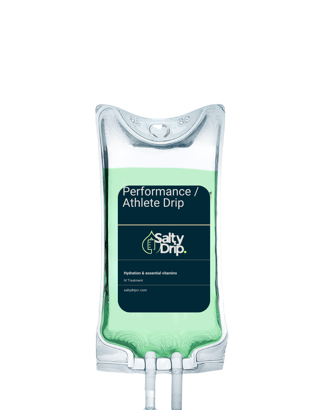 Clear IV bag containing green liquid labeled 'Performance / Athlete Drip' with 'Salty Drip' logo, text indicating hydration and essential vitamins, against a plain white background.