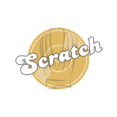 Scratch logo with a piece of wood and the word 'Scratch' in white text.