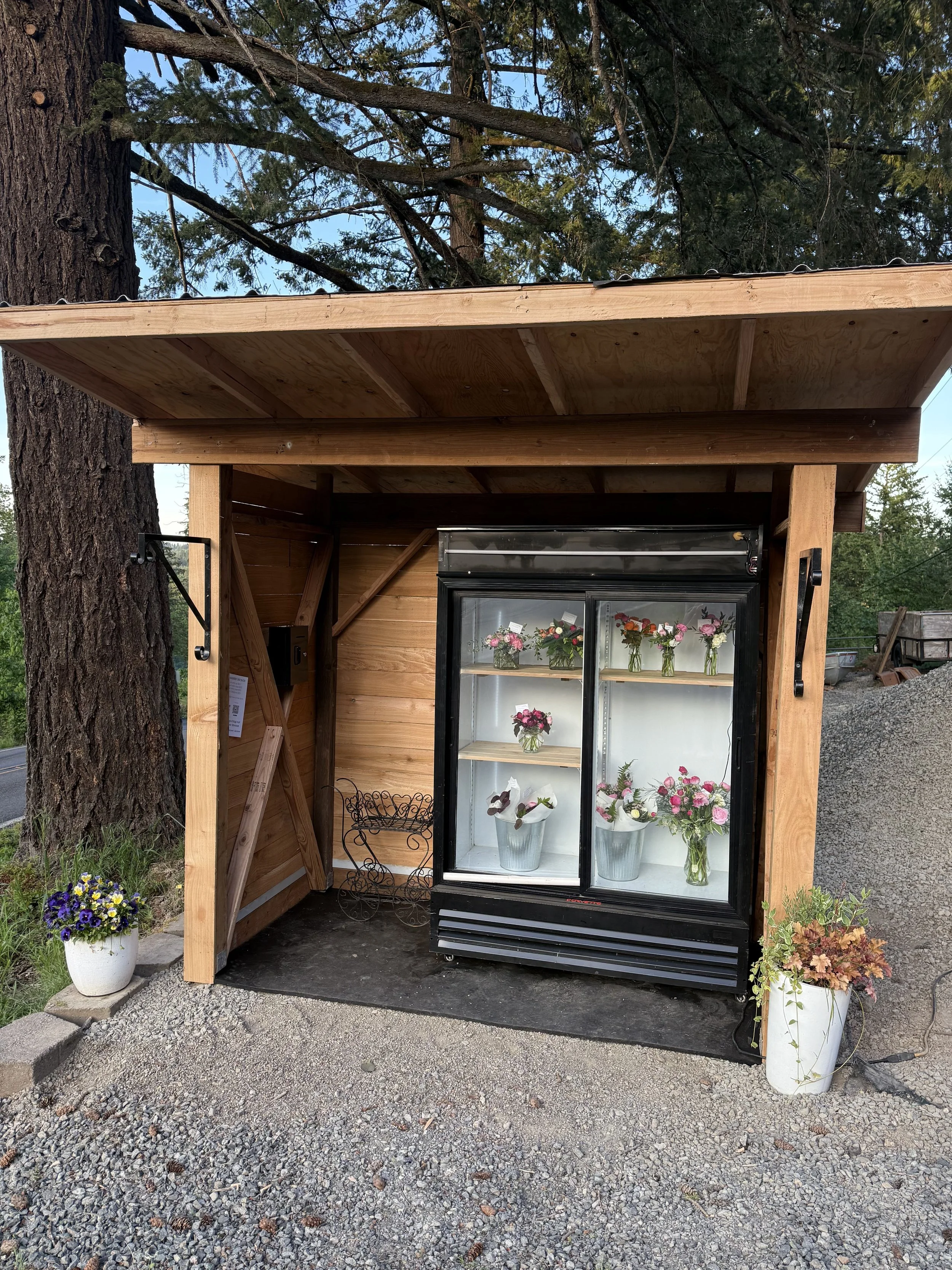 A small flower shop kiosk with a glass-door refrigerator displaying flower arrangements, flanked by potted plants, outdoors near a large tree.