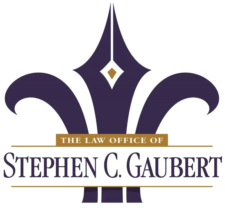Logo for The Law Office of Stephen C. Gaubert, featuring a purple fleur-de-lis and gold accents.