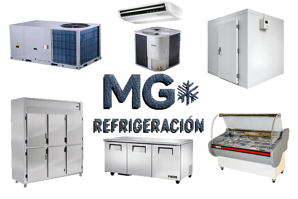 Logo de MG Refrigeración junto a equipos de frío comercial: cámaras frigoríficas, heladeras exhibidoras y aires acondicionados en Tandil.