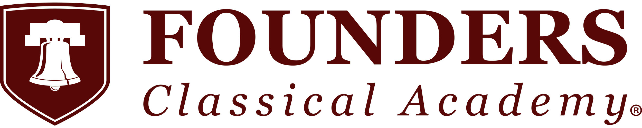 The logo of Founders Classical Academy featuring a black bell inside a shield and the text 'Founders Classical Academy' in red and black.
