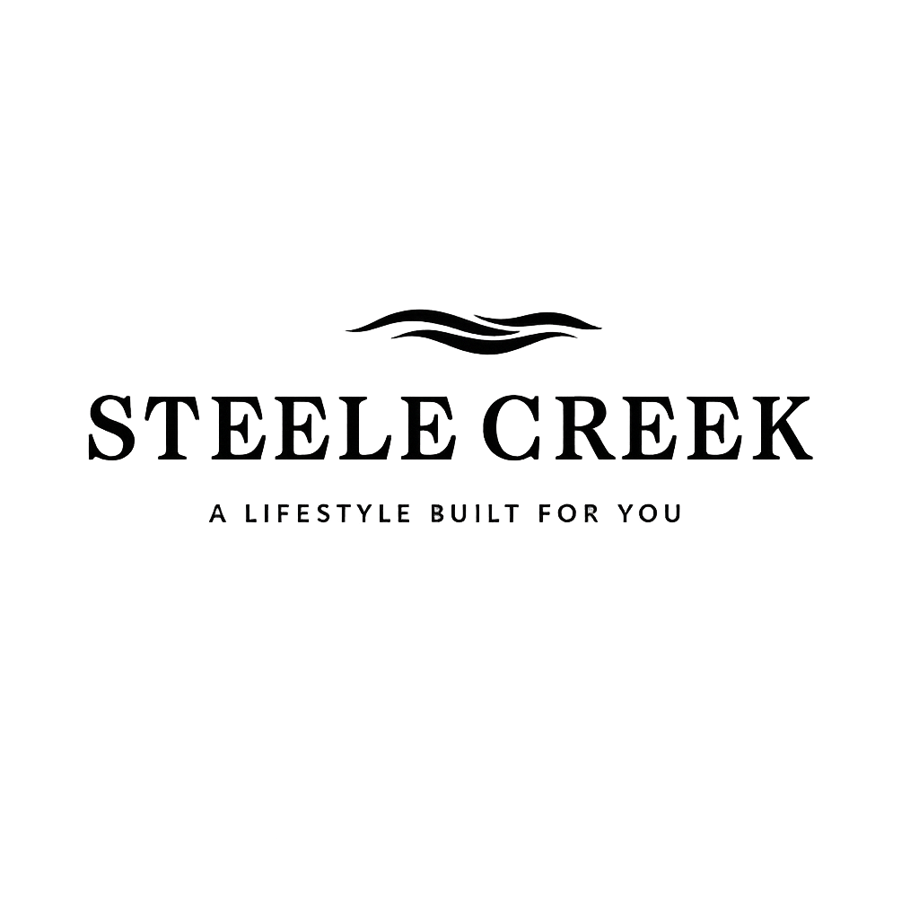 Logo for Steele Creek with a stylized wavy line and the tagline "A Lifestyle Built for You."