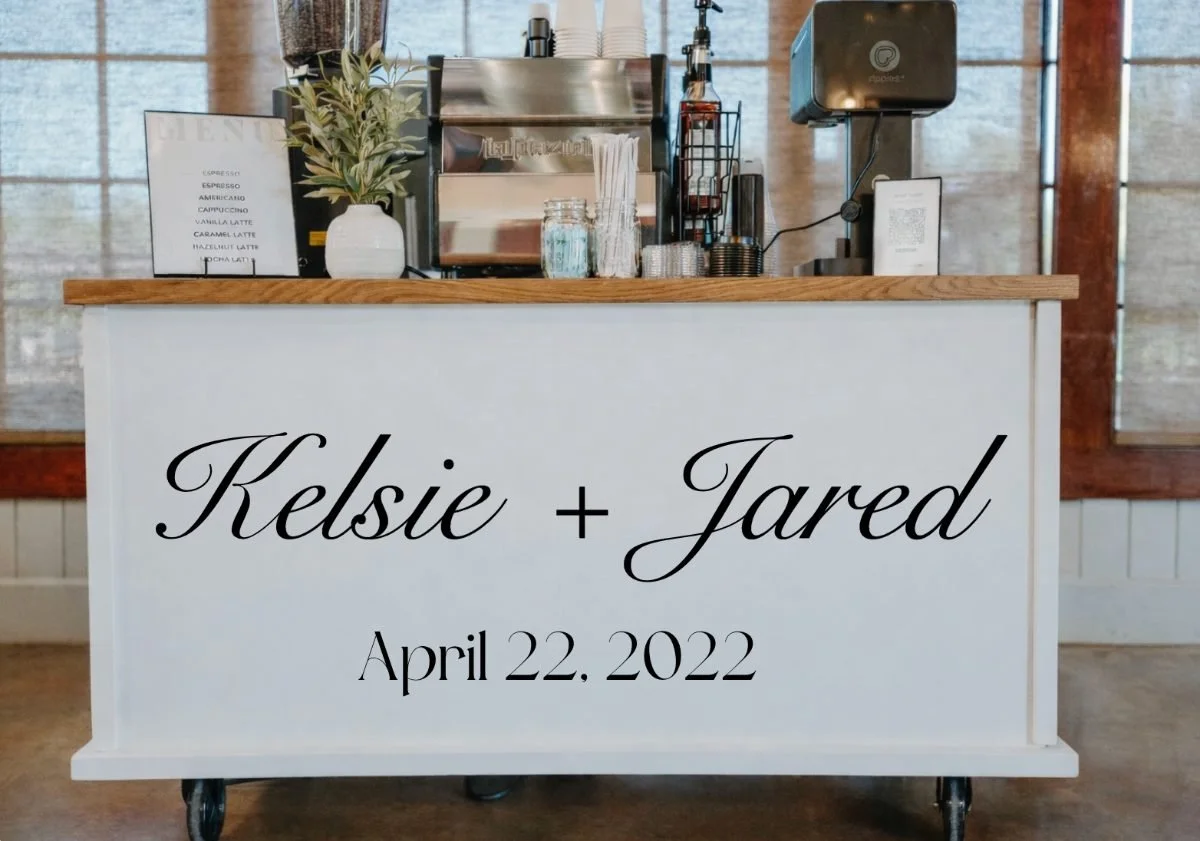 Custom branded wedding coffee cart with a personalized sign at a San Antonio wedding